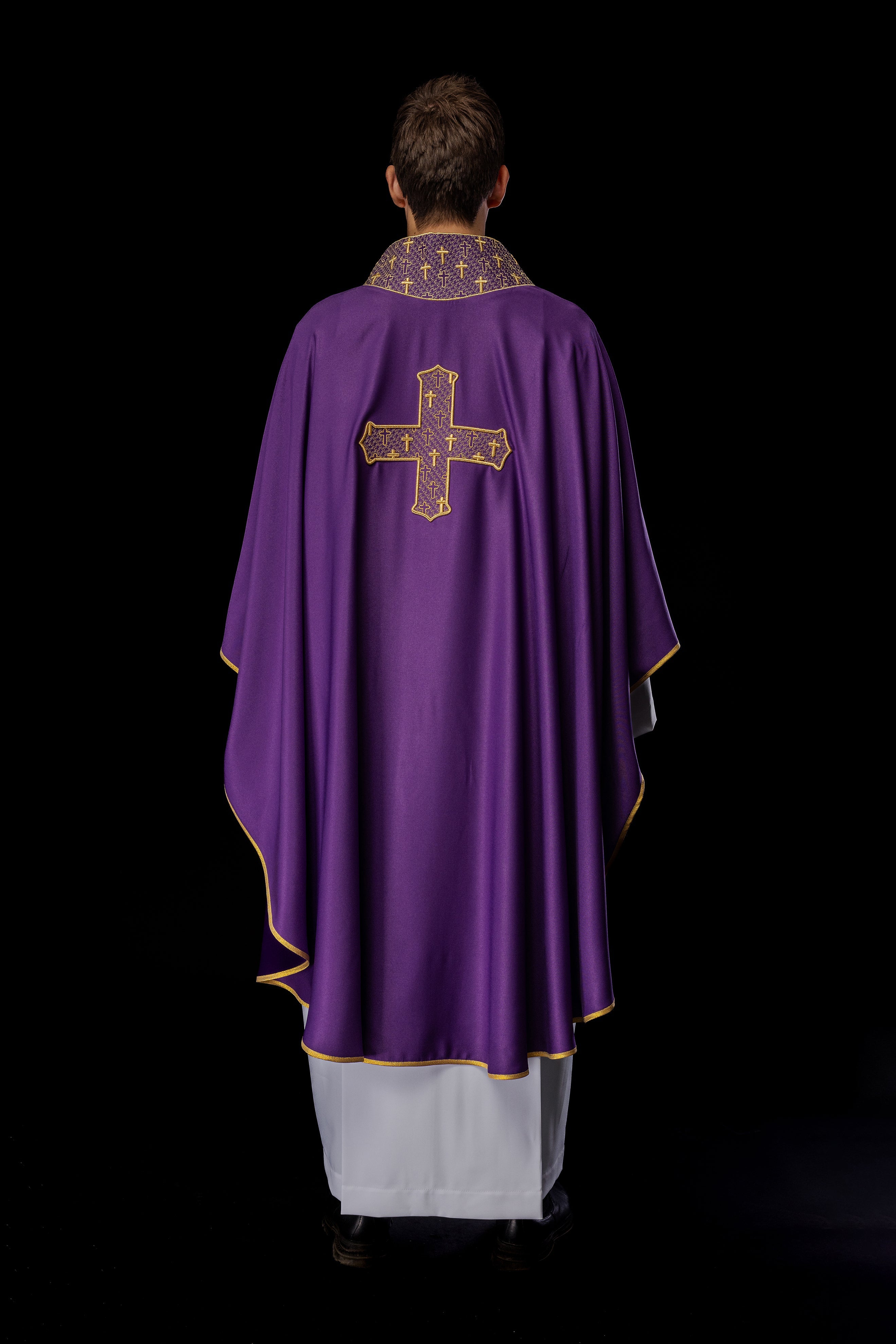 Purple chasuble with gold collar and cross embroidery