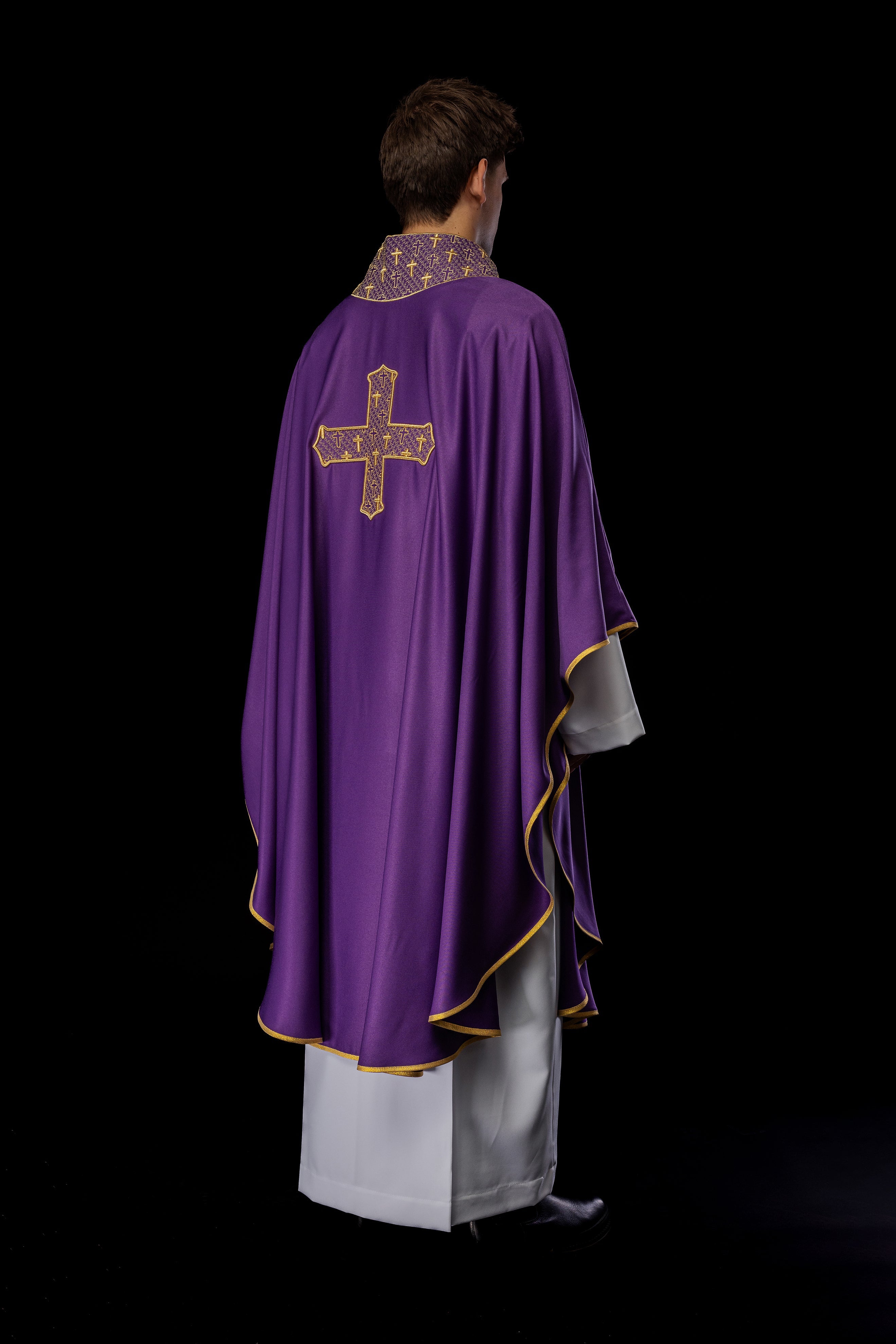 Purple chasuble with gold collar and cross embroidery