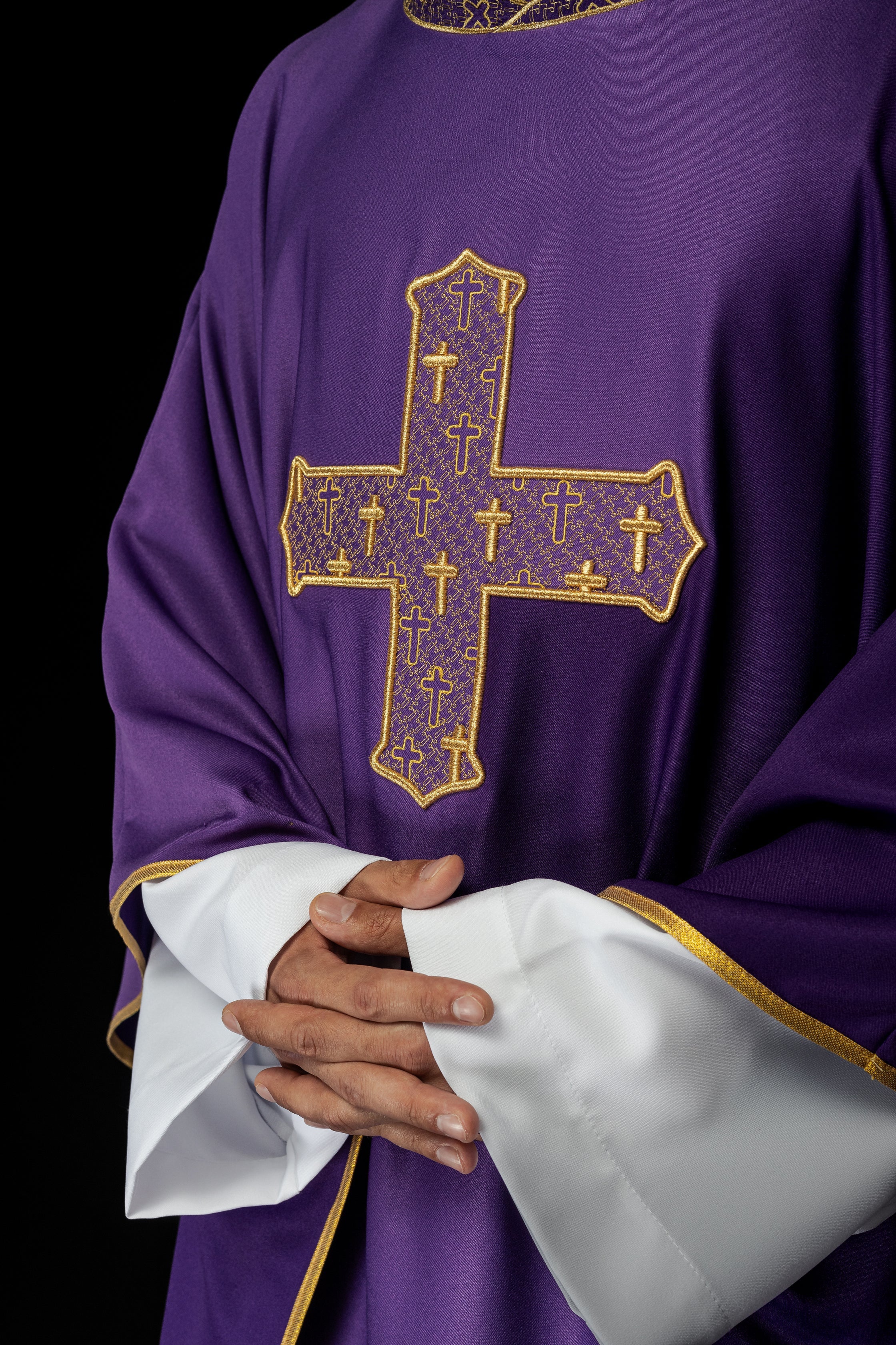 Purple chasuble with gold collar and cross embroidery