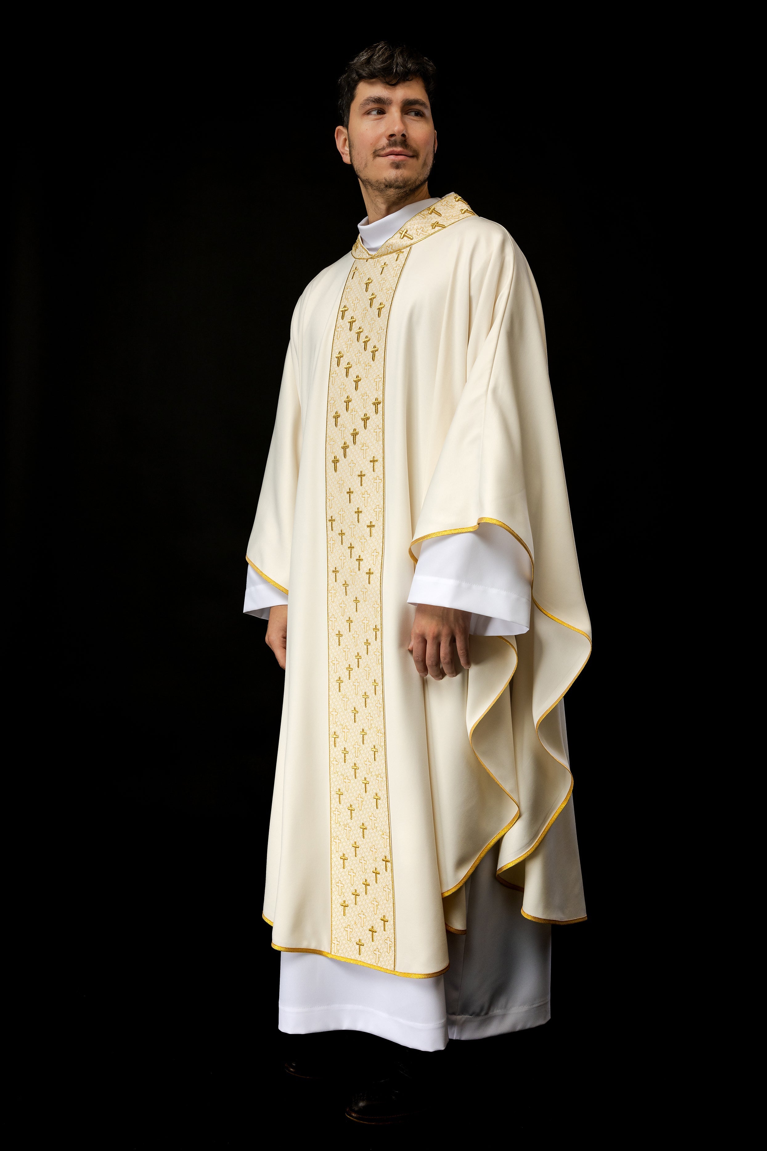 Cream liturgical chasuble with small gold crosses embroidery