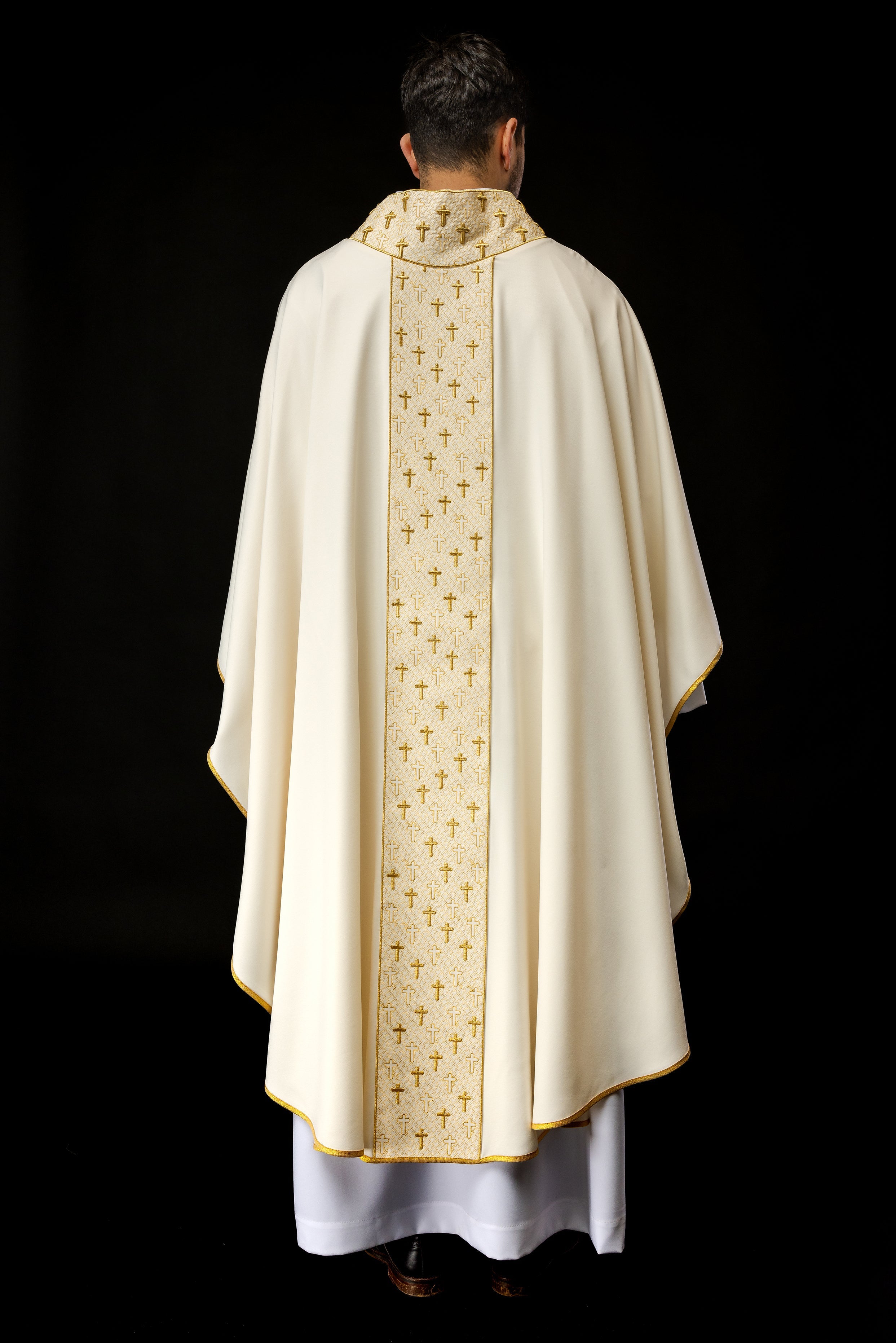 Cream liturgical chasuble with small gold crosses embroidery