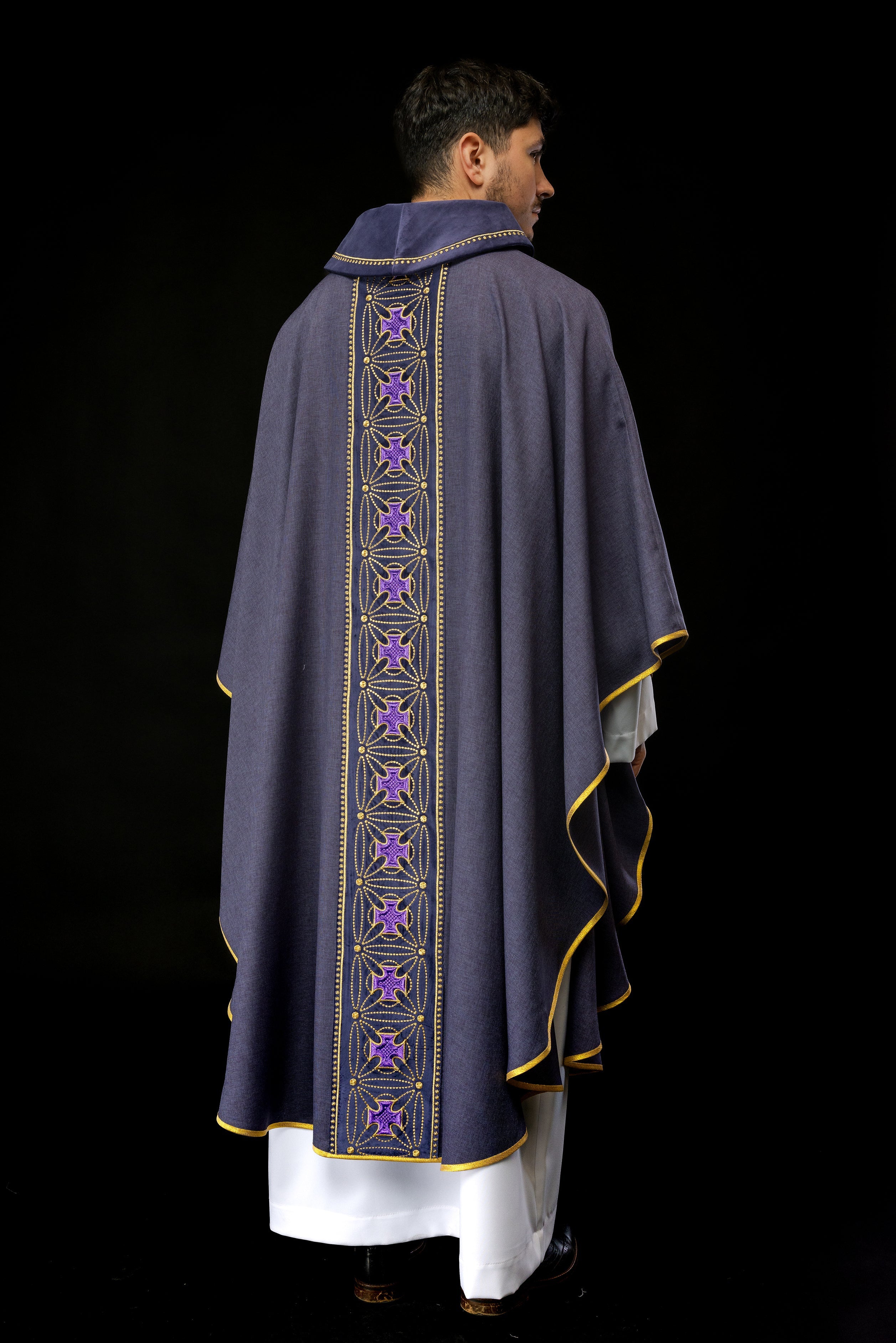 Purple priest chasuble made of natural texture with embroidered collar