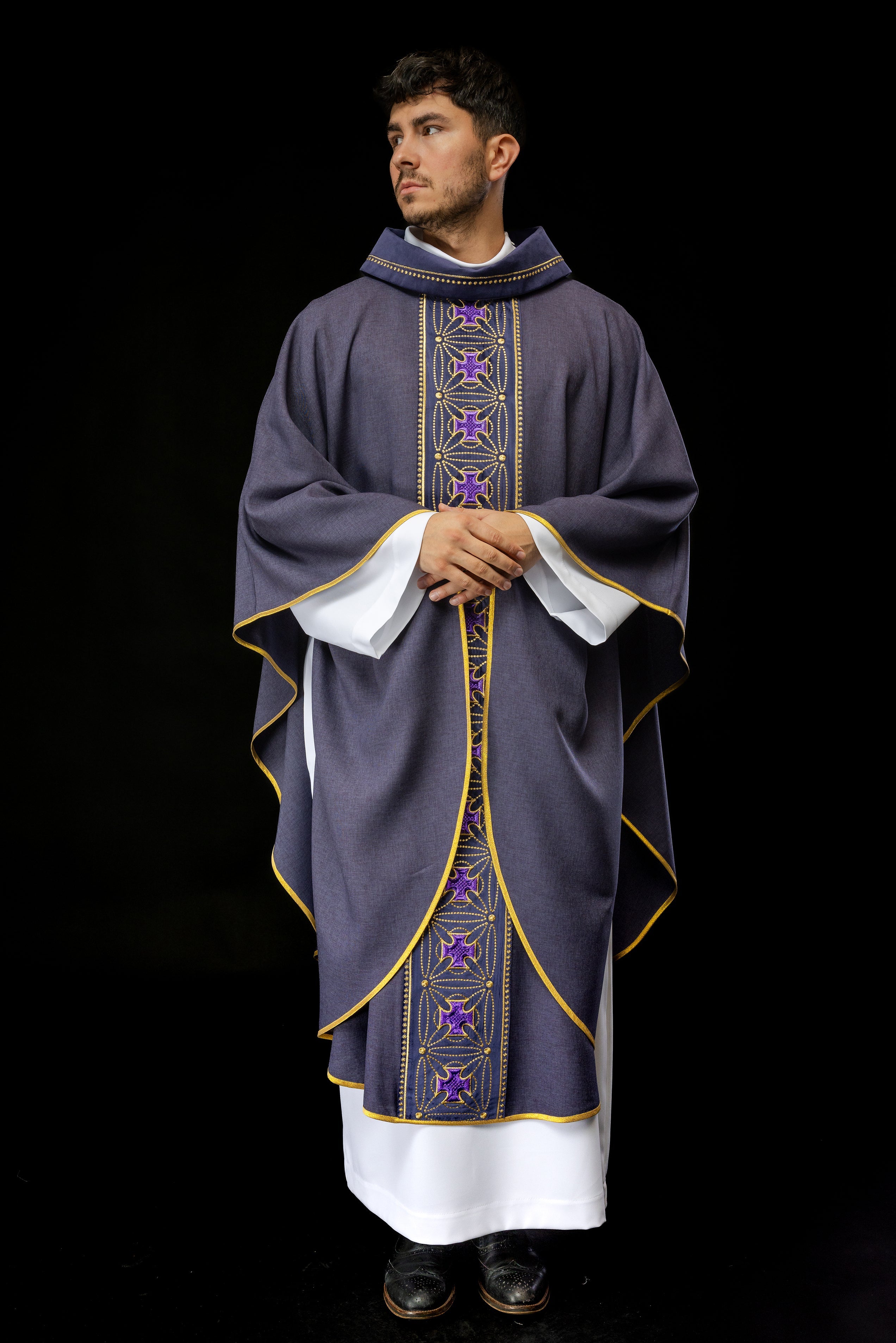 Purple priest chasuble made of natural texture with embroidered collar