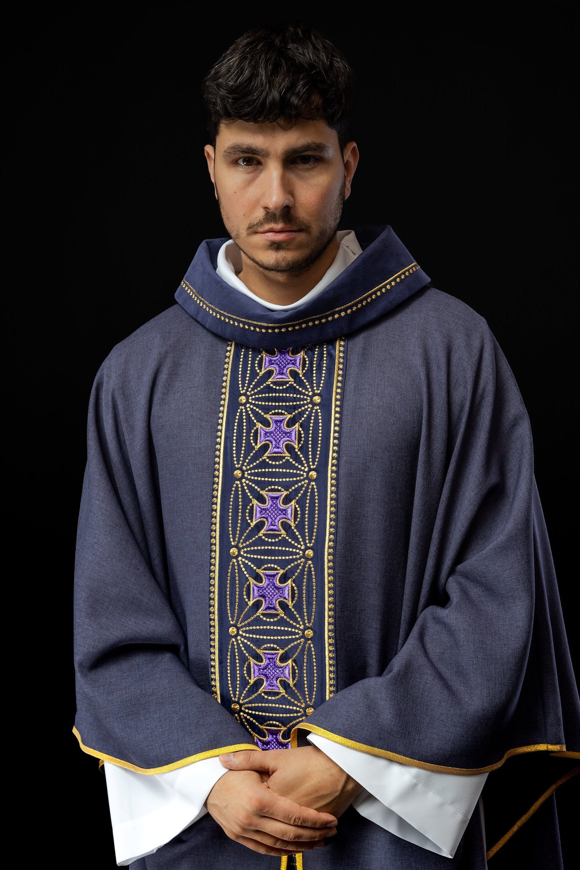 Purple priest chasuble made of natural texture with embroidered collar