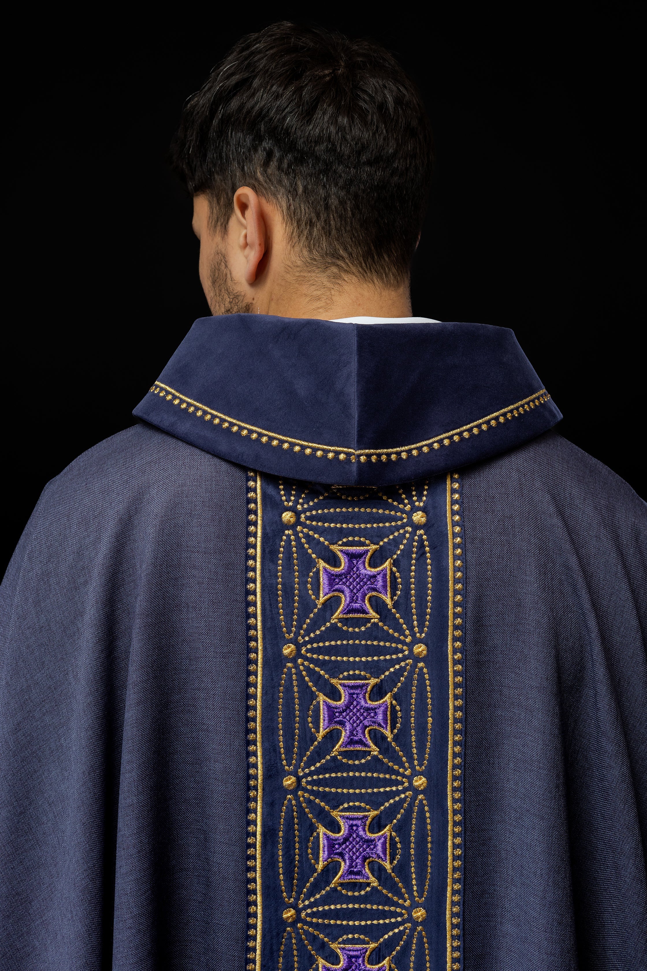 Purple priest chasuble made of natural texture with embroidered collar