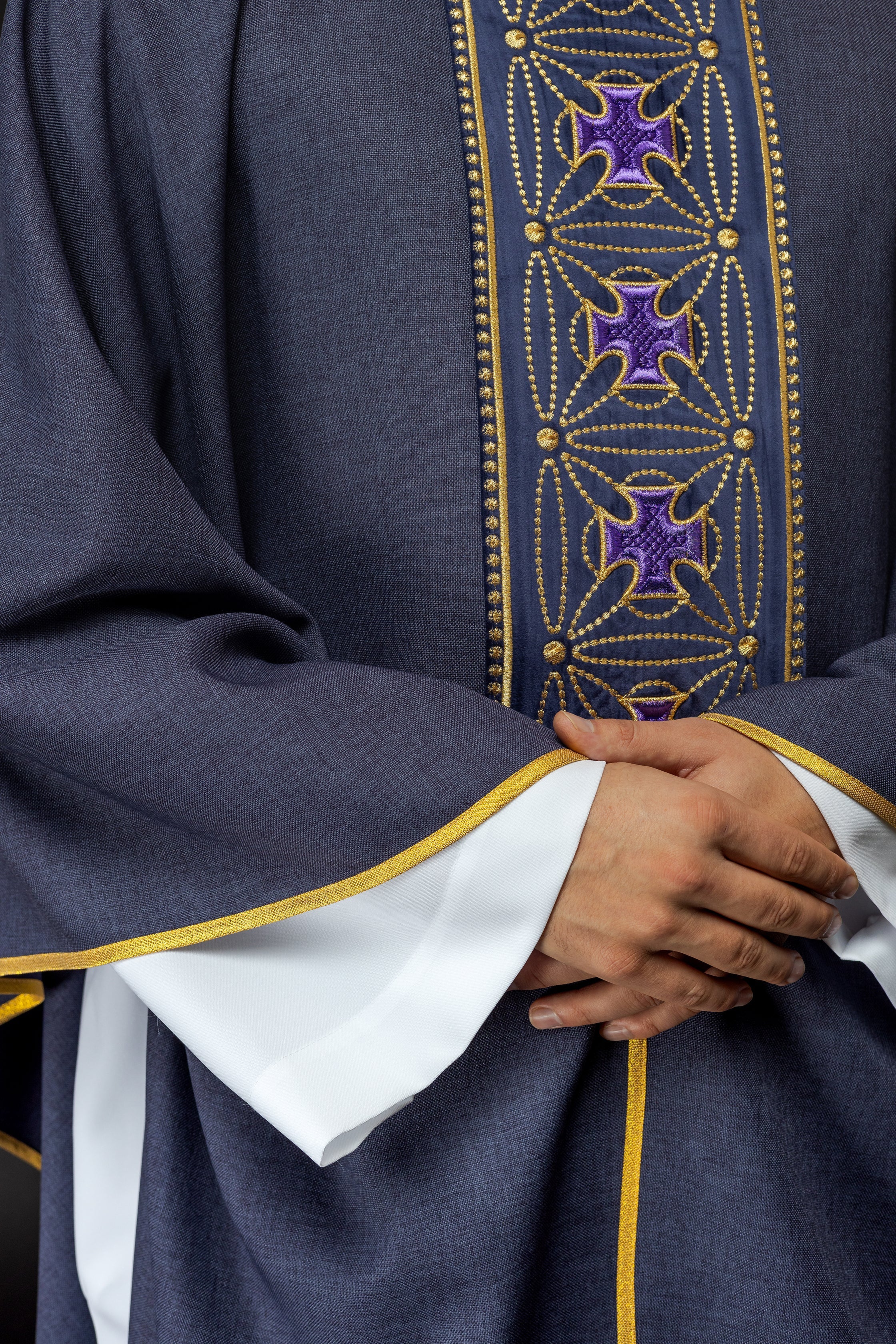 Purple priest chasuble made of natural texture with embroidered collar