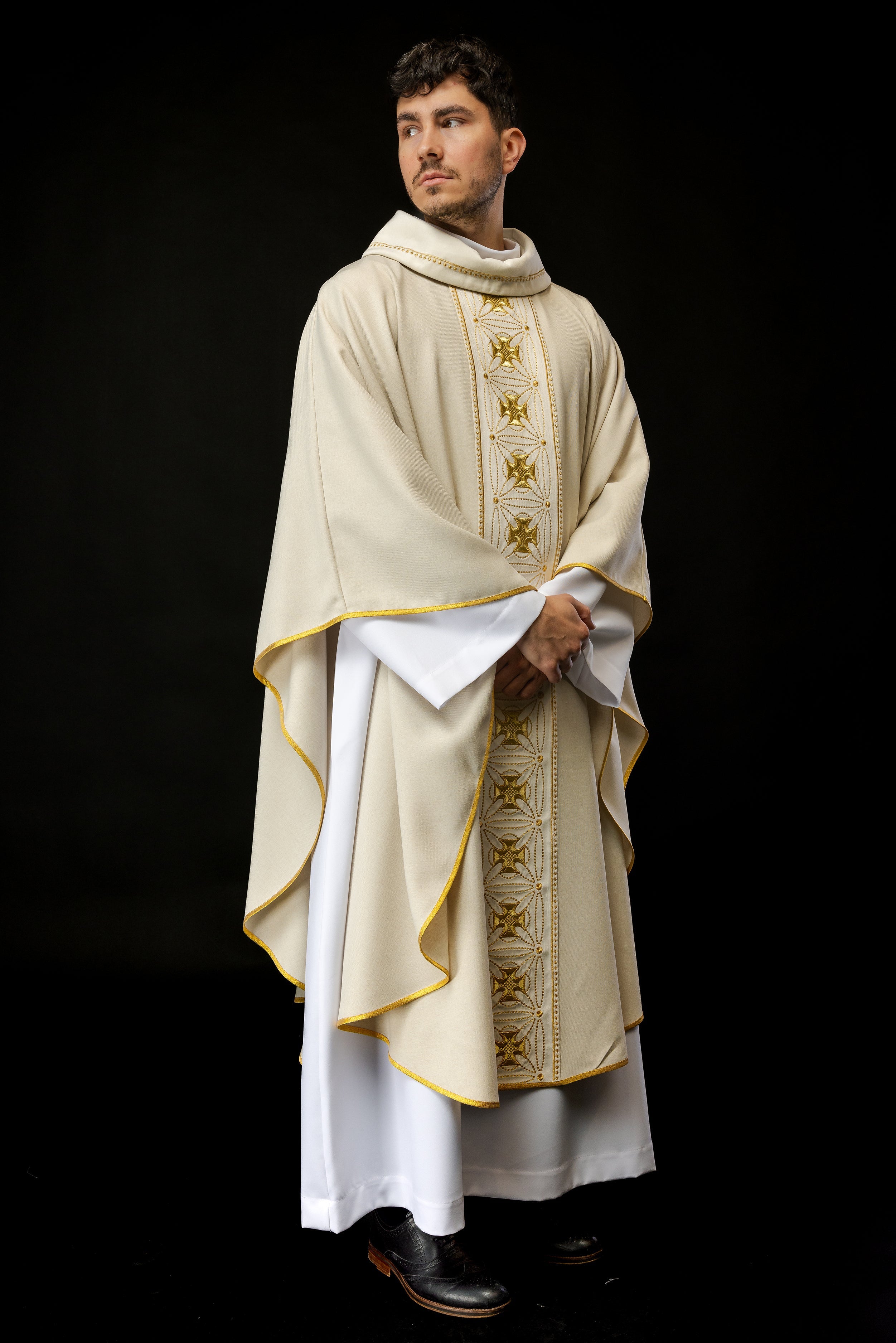 Ivory priest chasuble made of natural texture with embroidered collar