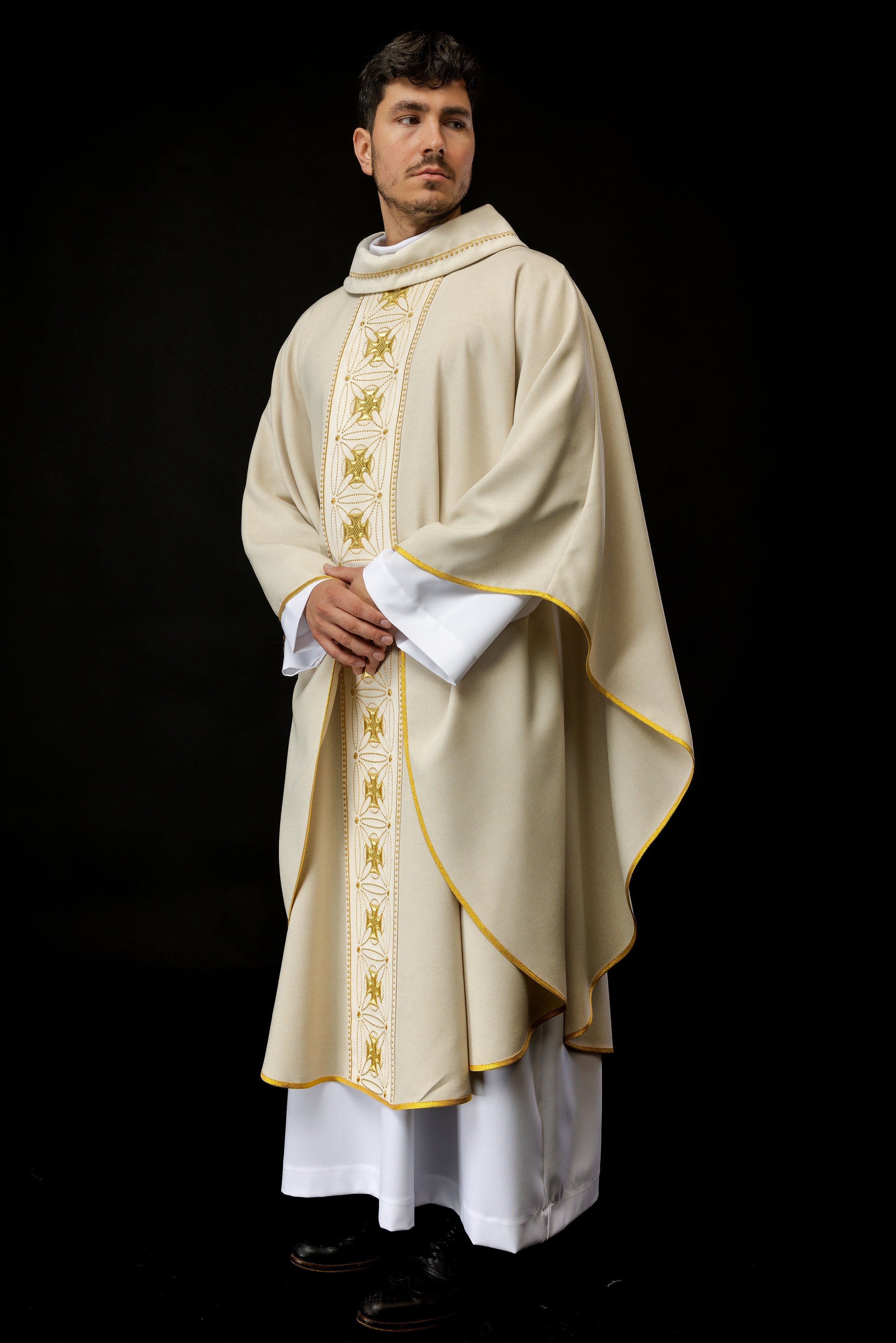 Ivory priest chasuble made of natural texture with embroidered collar