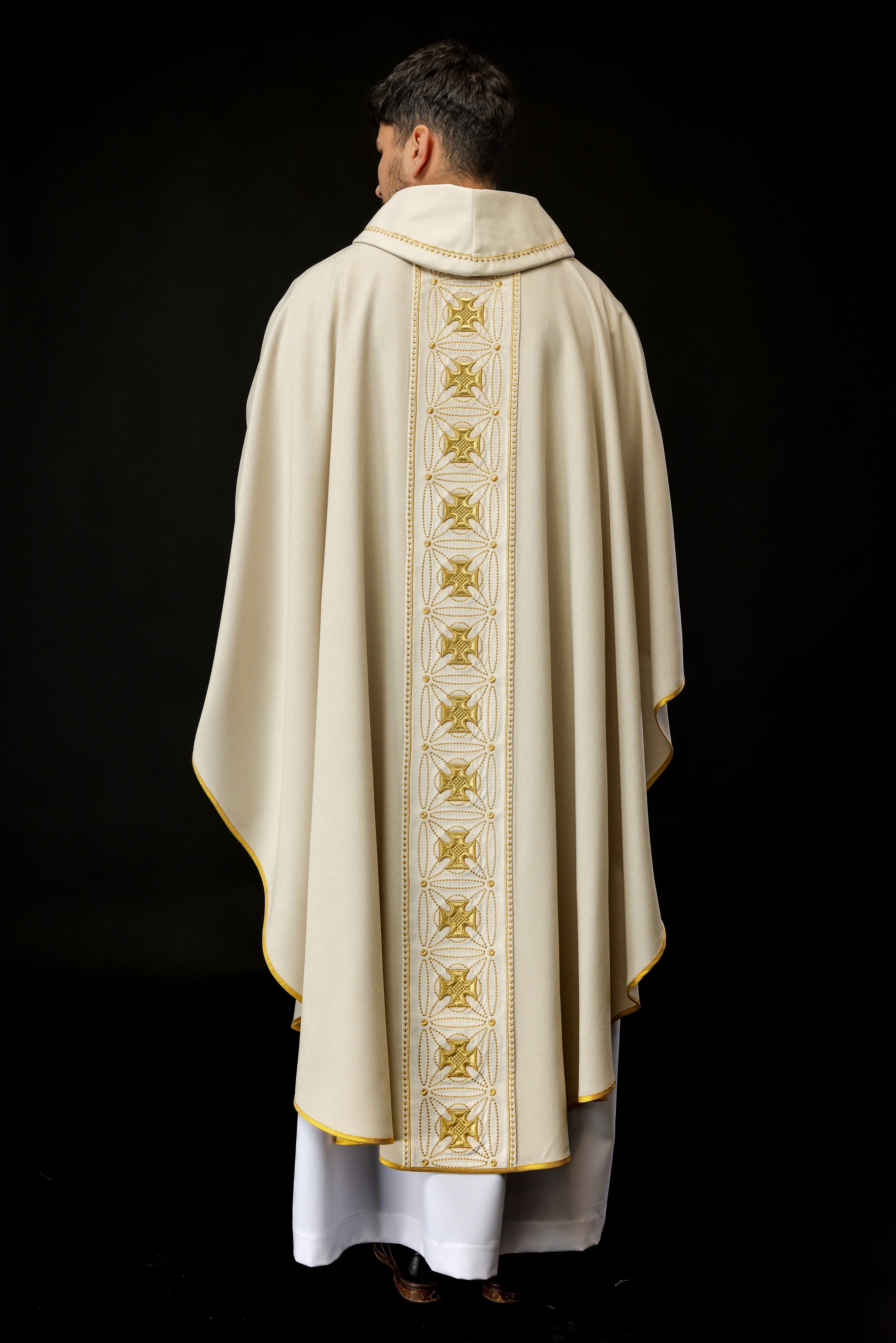 Ivory priest chasuble made of natural texture with embroidered collar