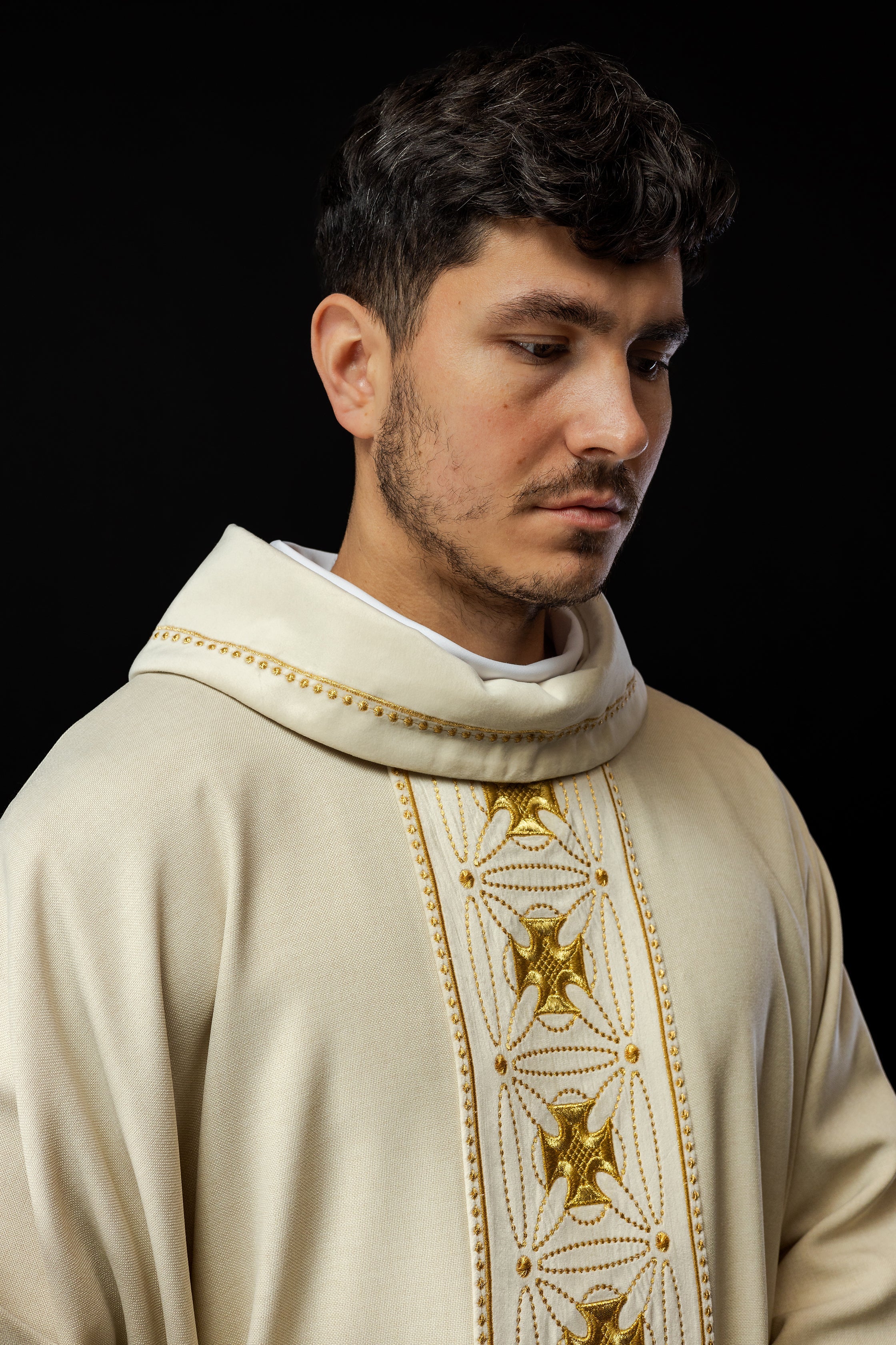 Ivory priest chasuble made of natural texture with embroidered collar