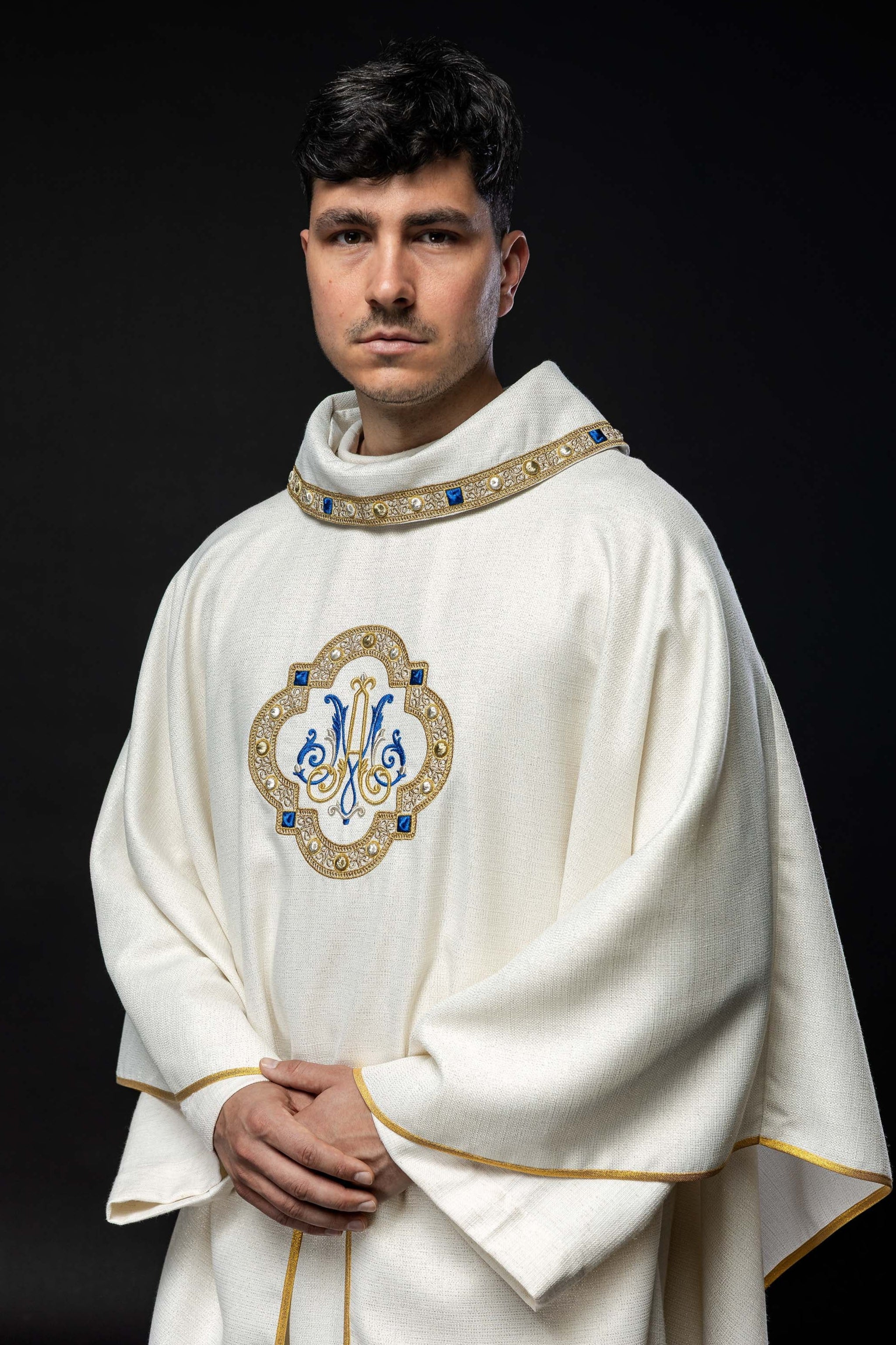 Liturgical chasuble with embroidered Marian emblem