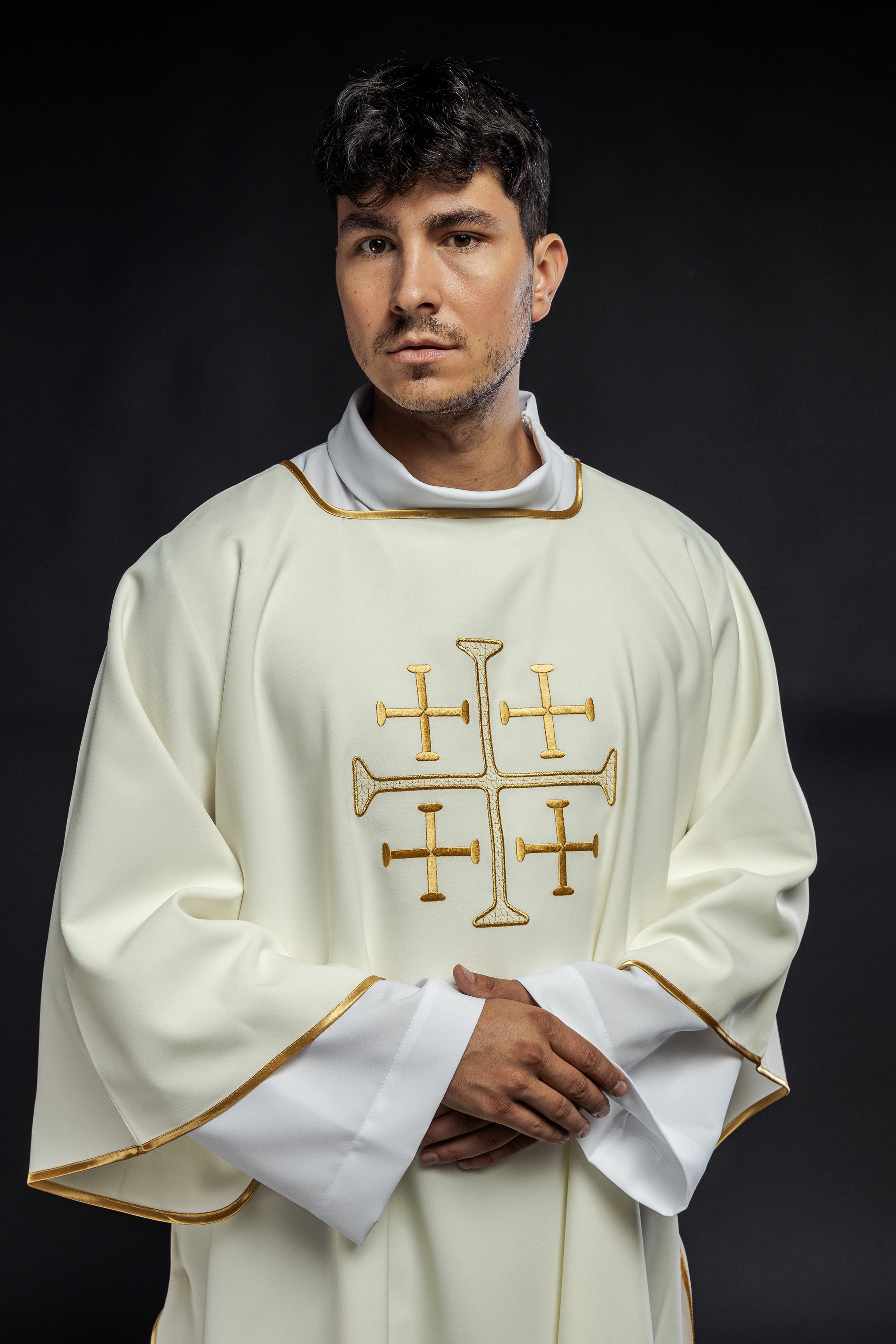 Cream dalmatic with crosses embroidery