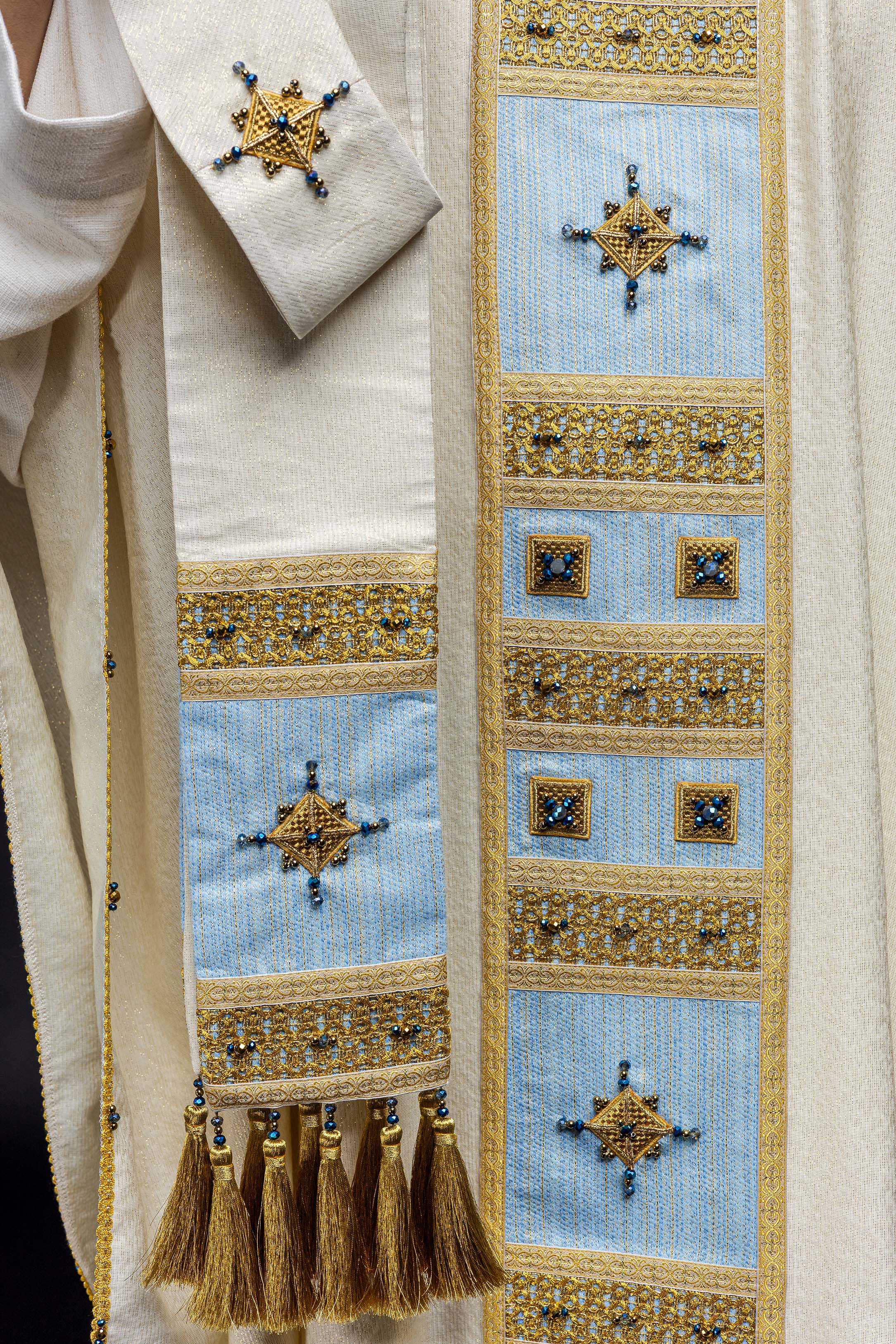 Light blue chasuble with natural stones Handmade 7004