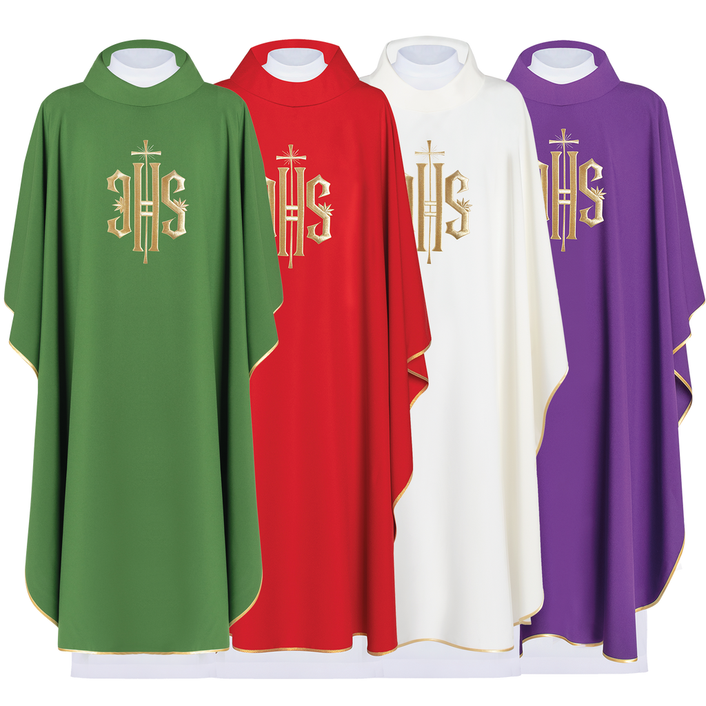 Set of chasubles in four colors with gold IHS motif