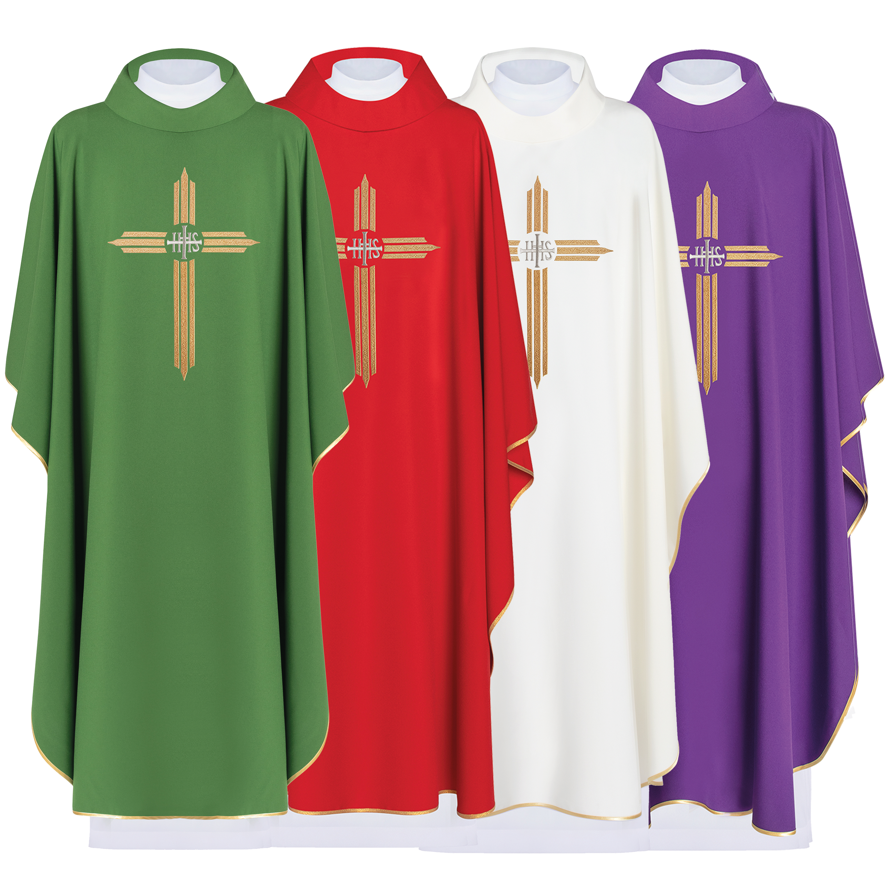 Set of chasubles in four colors with embroidery of the Cross and IHS