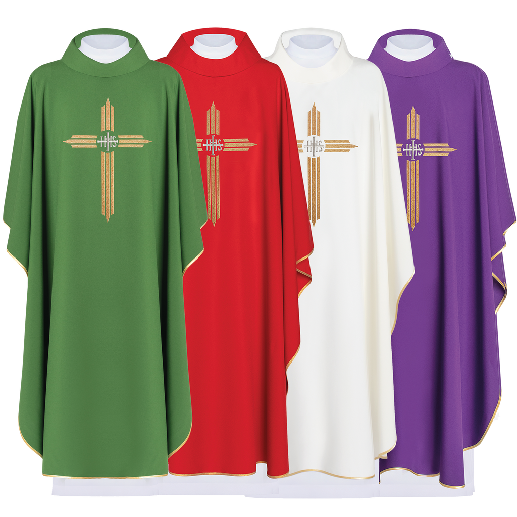 Set of chasubles in four colors with embroidery of the Cross and IHS