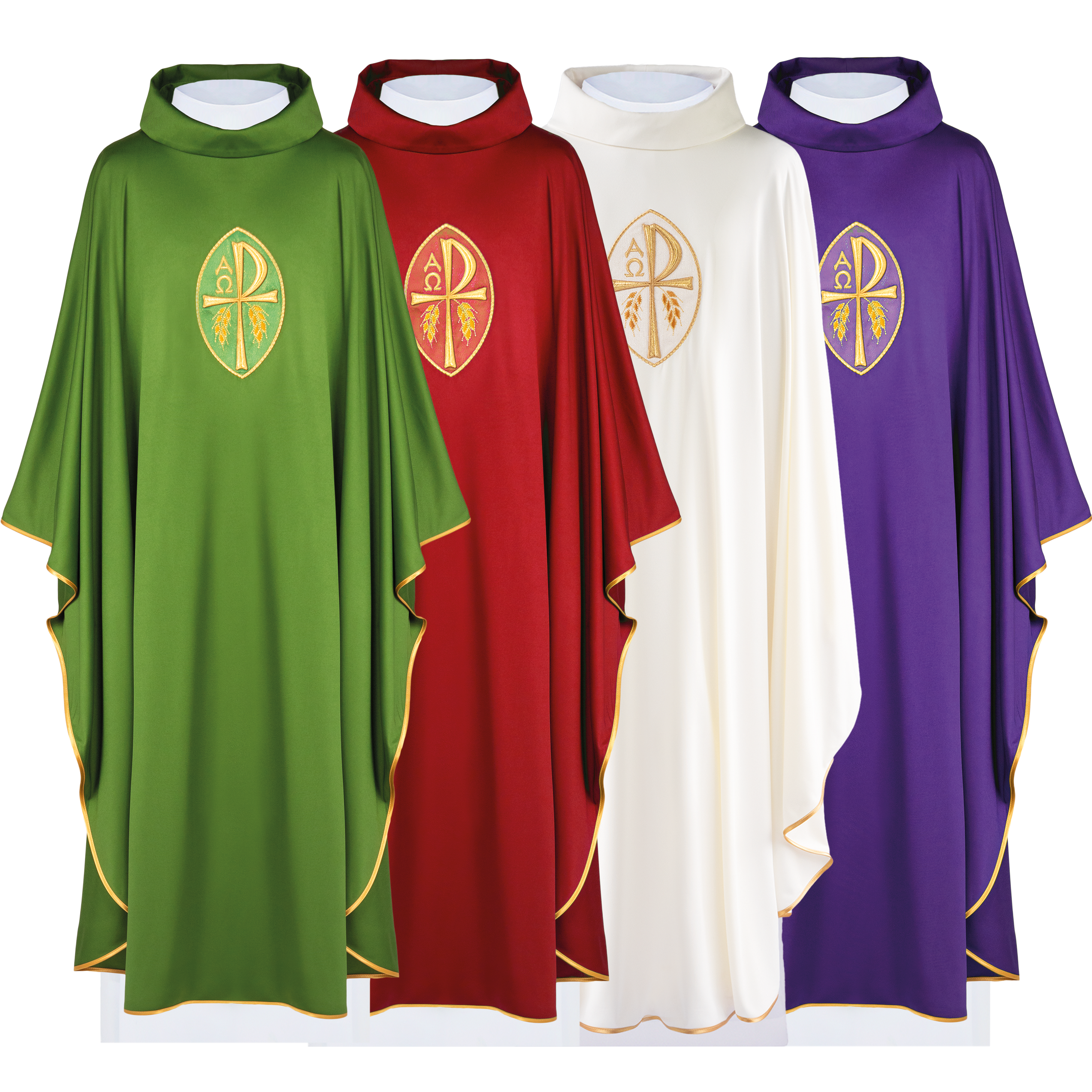 Set of chasubles in four colors lightweight knitted Sacrolite embroidered Pax symbol