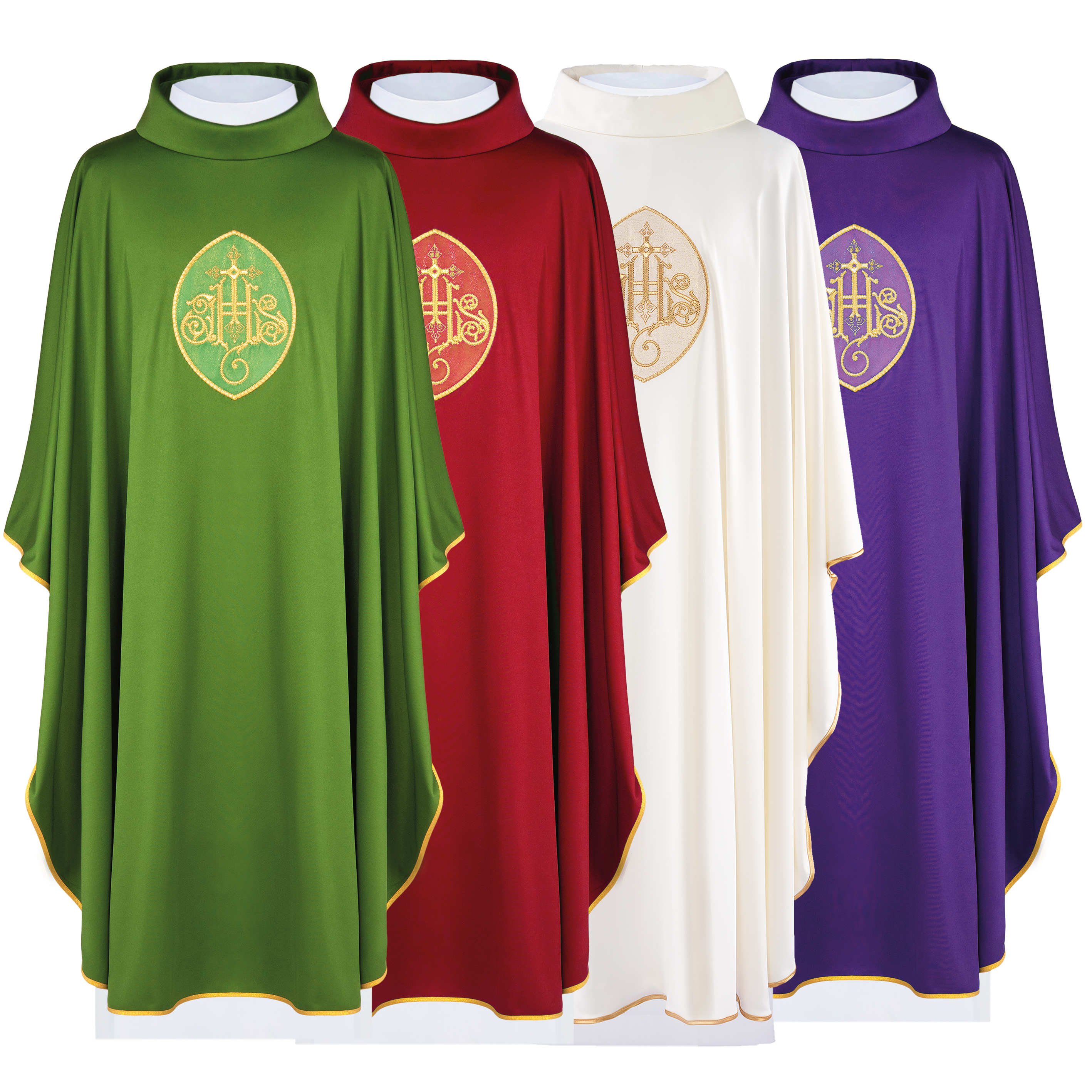 Four chasubles in all liturgical colors made of lightweight knitted fabric Sacrolite with IHS motif