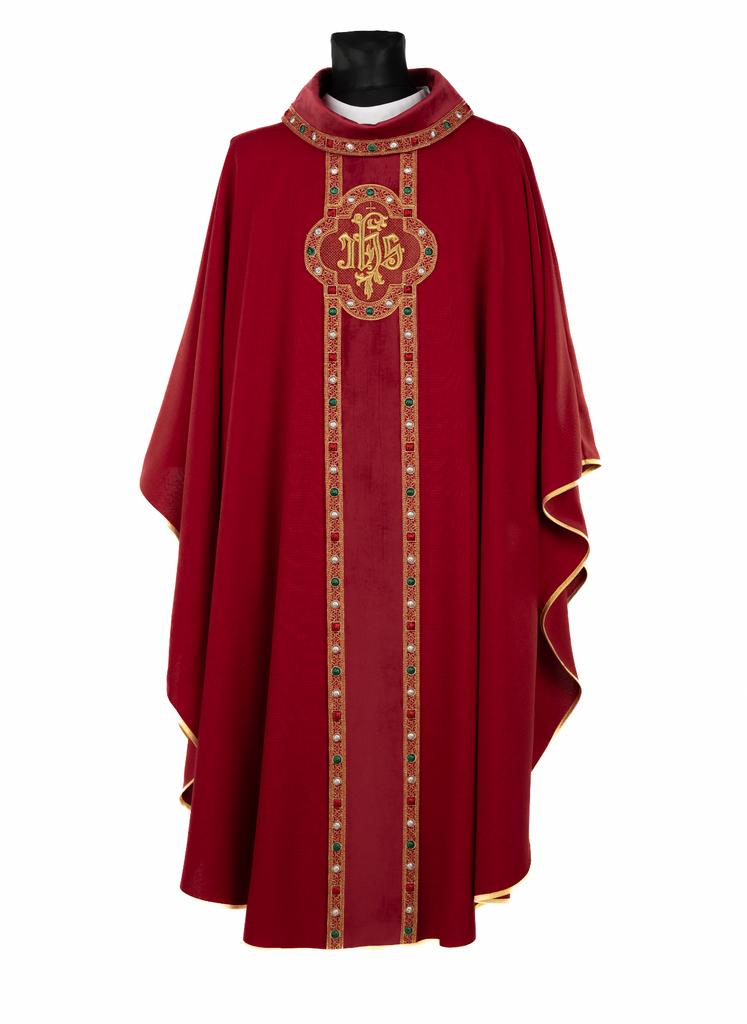 Chasuble with richly embroidered belt and piping around IHS collar embroidery in red