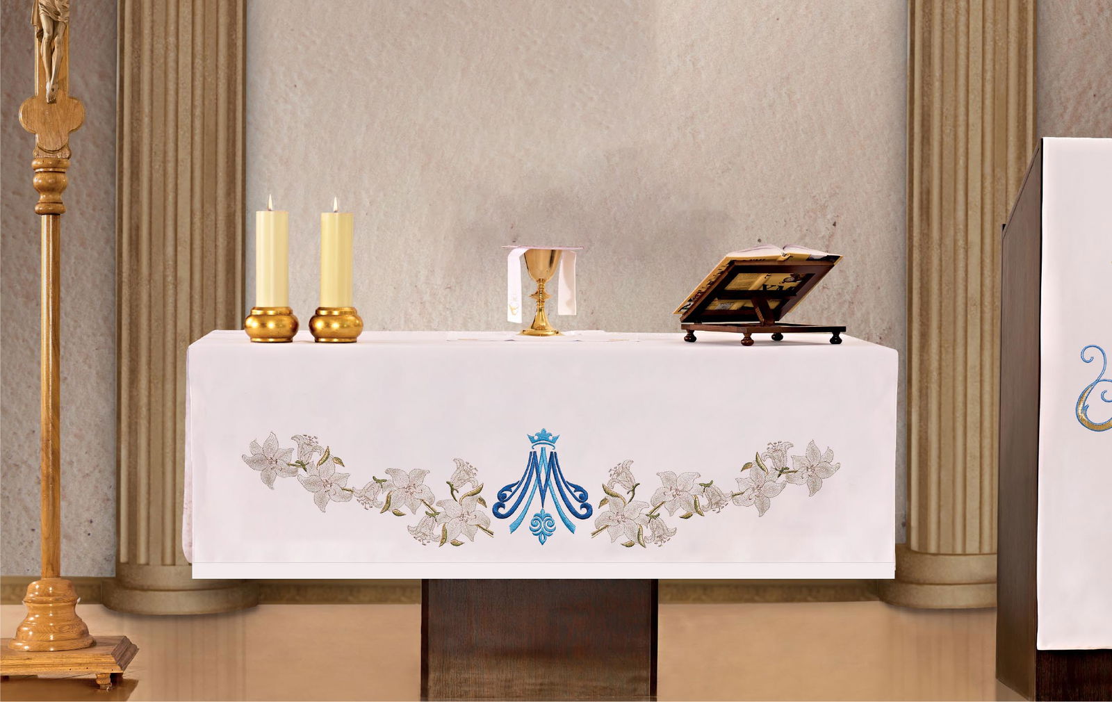 Altar cloth with front embroidery in blue with Mary motif KOH/003 150*300 BIAŁY - HAFTINAUSA.COM