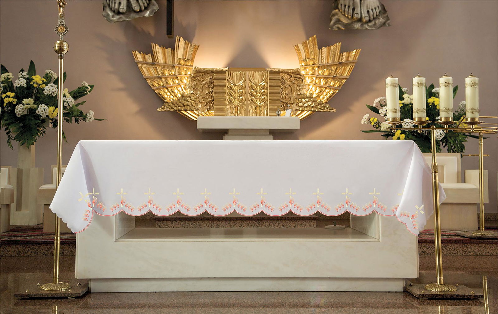 Altar cloth with front embroidery in crosses and flames KOO/216 150*300 BIAŁY (obszywany) - HAFTINAUSA.COM