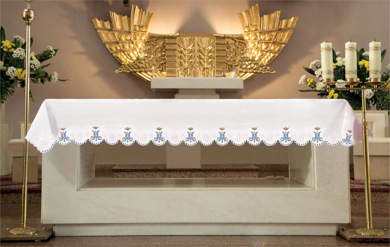 Altar cloth with front embroidery in Mary motif KOO/047 150*300 BIAŁY (obszywany) - HAFTINAUSA.COM