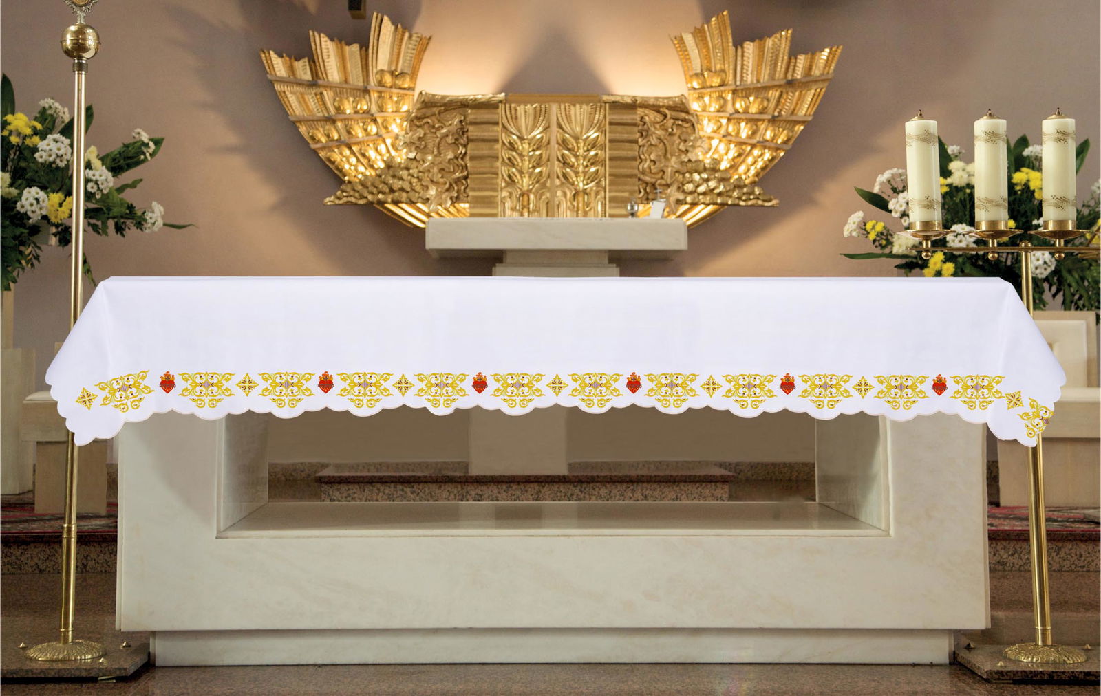 Altar cloth with front embroidery of the Sacred Heart KOO/219 150*300 BIAŁY (obszywany) - HAFTINAUSA.COM