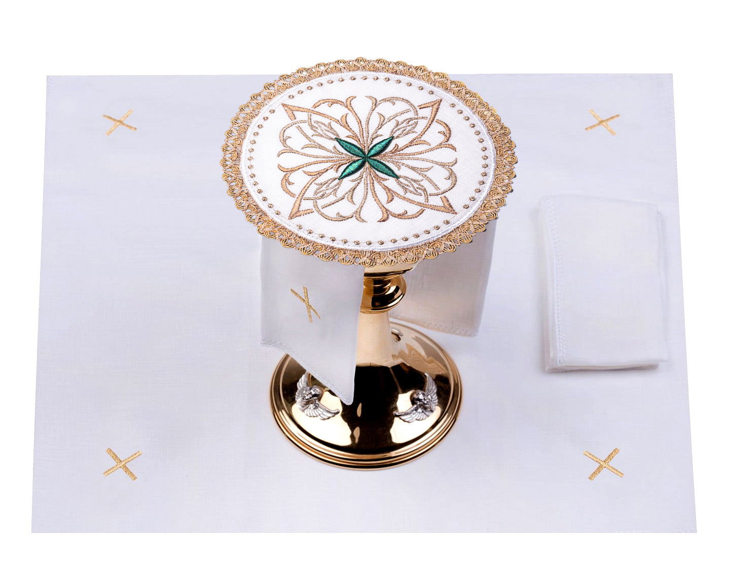 Altar linen set with gold and green cross embroidery and rounded pall S - 5029 - C1 - HAFTINAUSA.COM