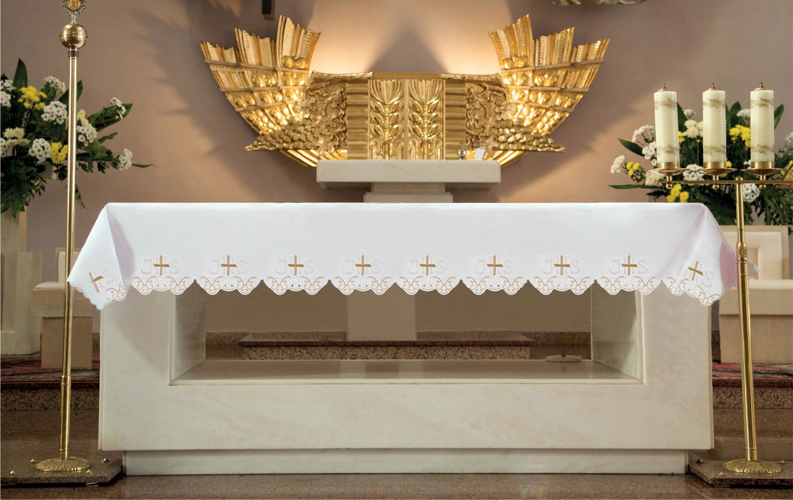 Altar tablecloth by meters, frontal embroidery "Cross" KOO/058 150*300 BIAŁY (obszywany) - HAFTINAUSA.COM