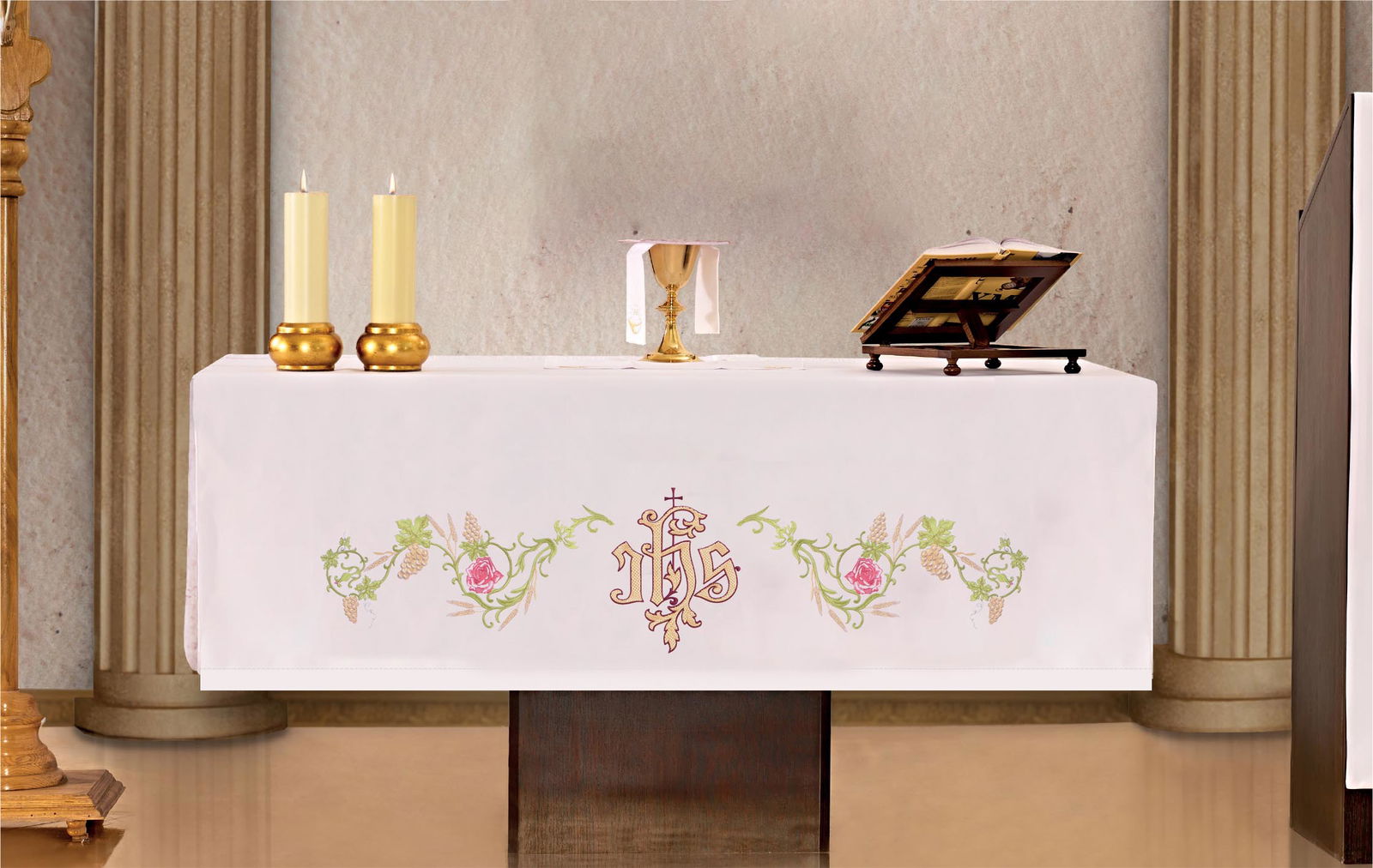 Altar tablecloth with frontal embroidery "IHS" KOH/028 150*300 BIAŁY - HAFTINAUSA.COM