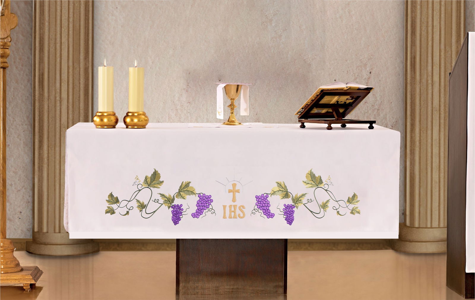 Altar tablecloth with IHS and grapes frontal embroidery KOH/031 150*300 BIAŁY - HAFTINAUSA.COM