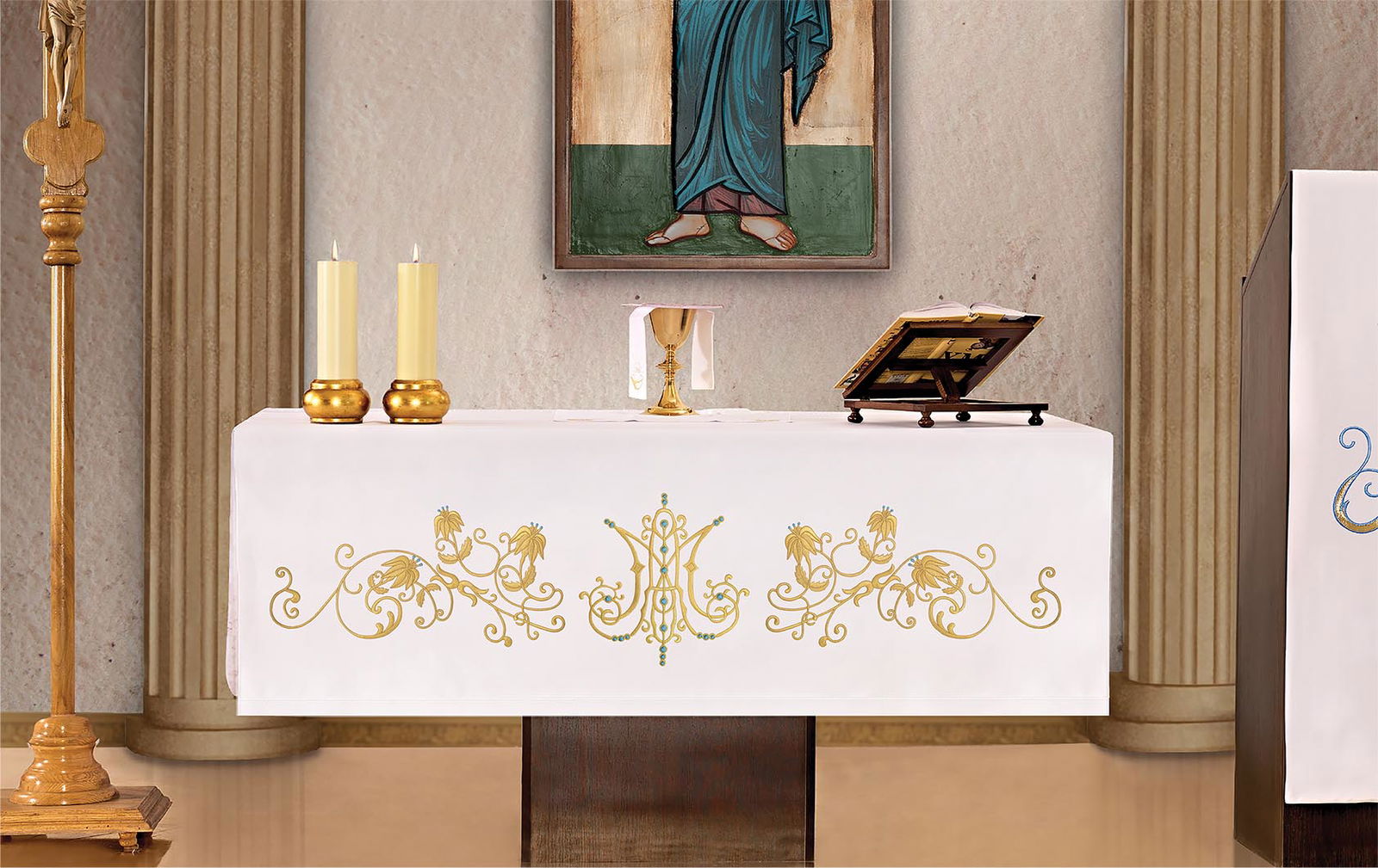 Altar tablecloth with Marian symbol KOH/033 150*300 BIAŁY - HAFTINAUSA.COM