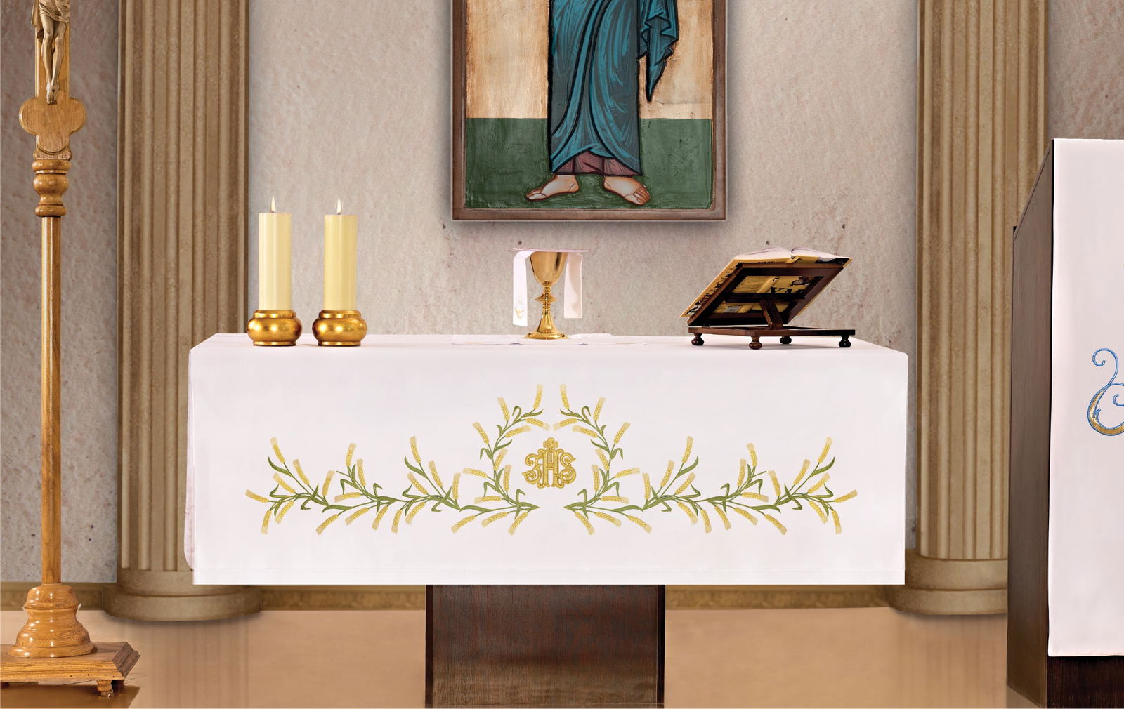 Altar tablecloth with wheat and cross embroidery KOH/004 150*300 BIAŁY - HAFTINAUSA.COM