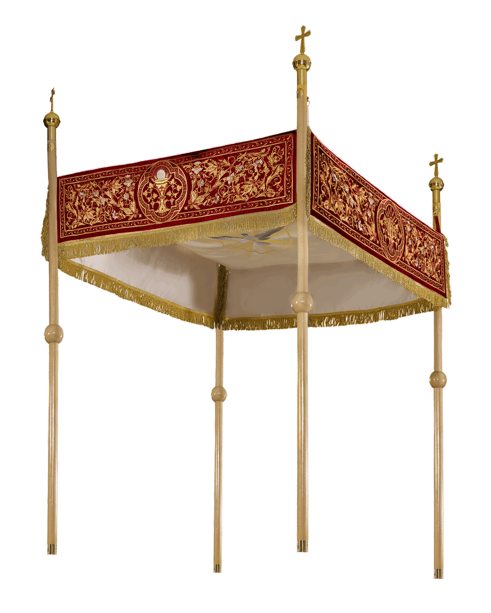 Processional canopy for Corpus Christi made of maroon velvet