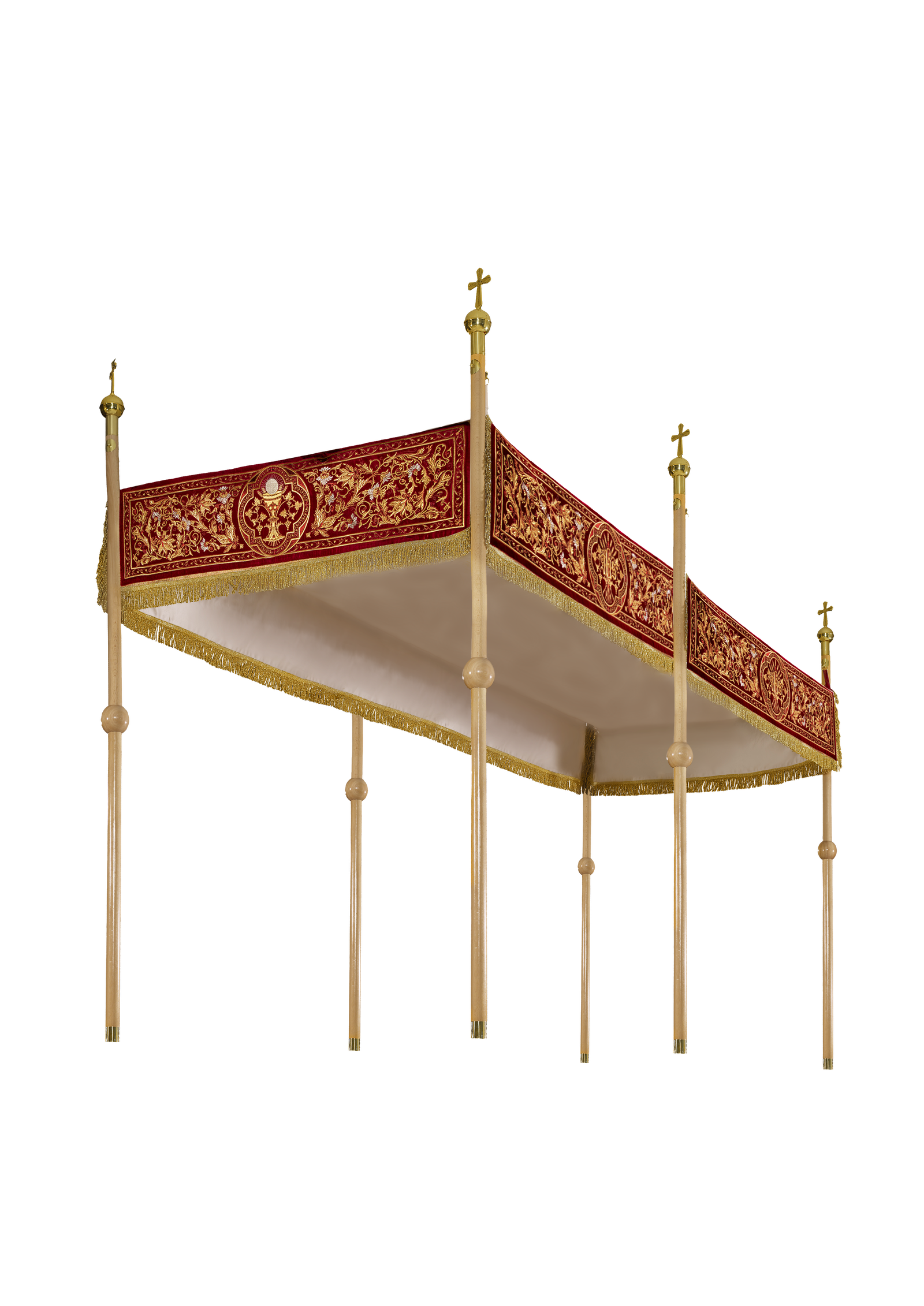 Processional canopy for Corpus Christi made of maroon velvet