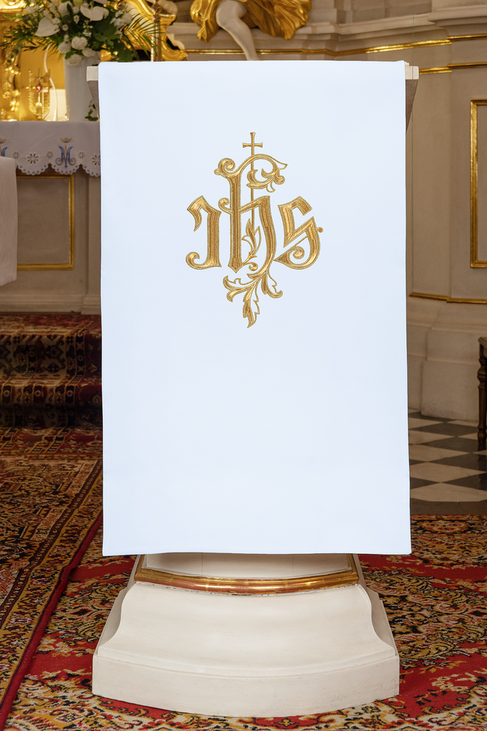 Lectern cover embroidered with IHS symbol in white