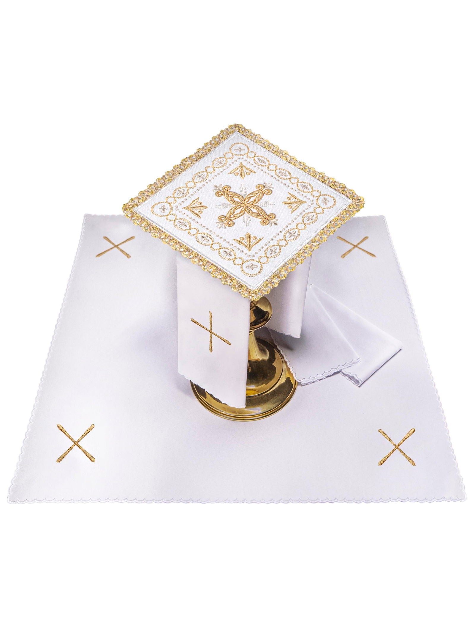 Chalice linens made of velvet in ecru with cross embroidery