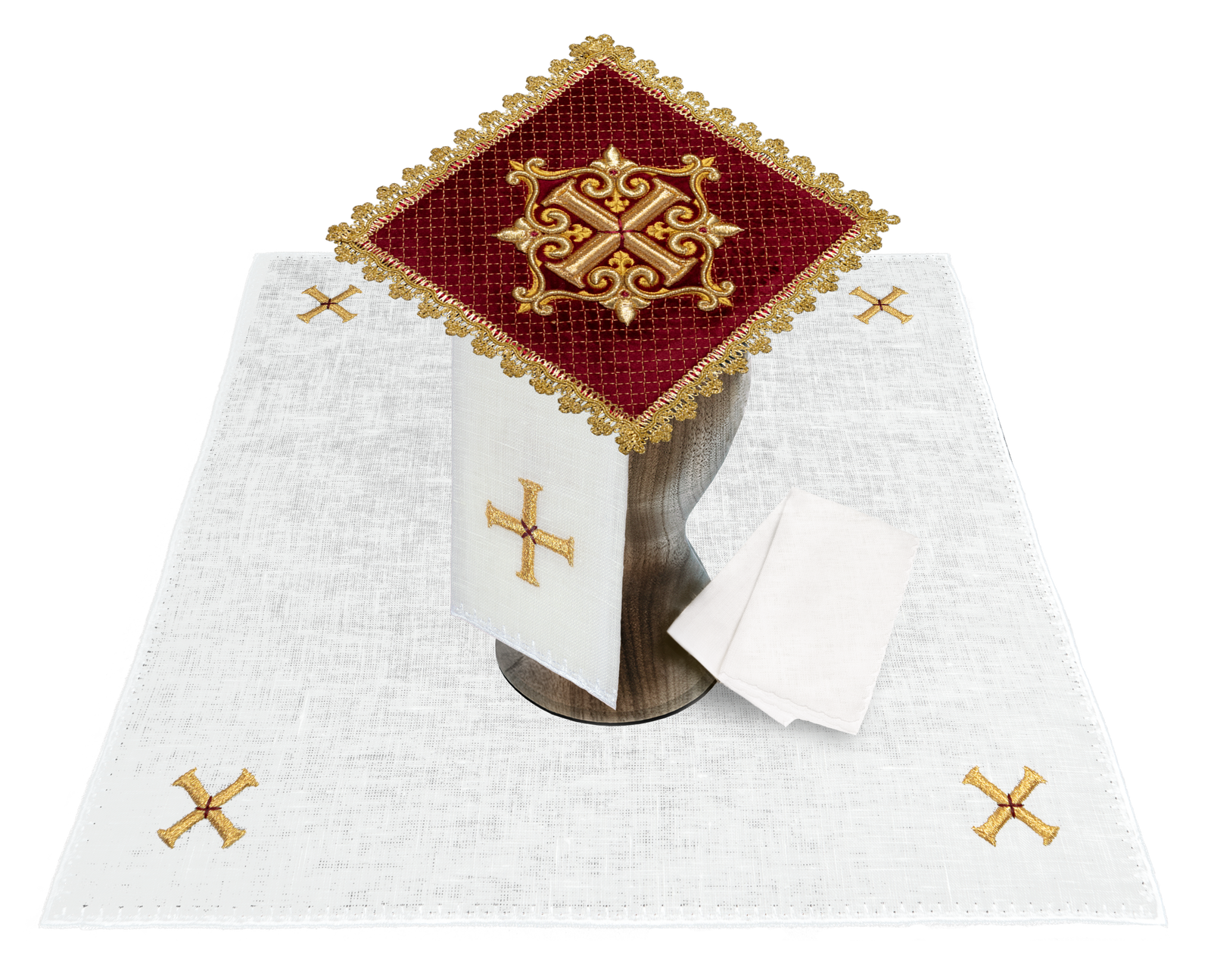 Altar linen set made of red velvet with gold cross embroidery