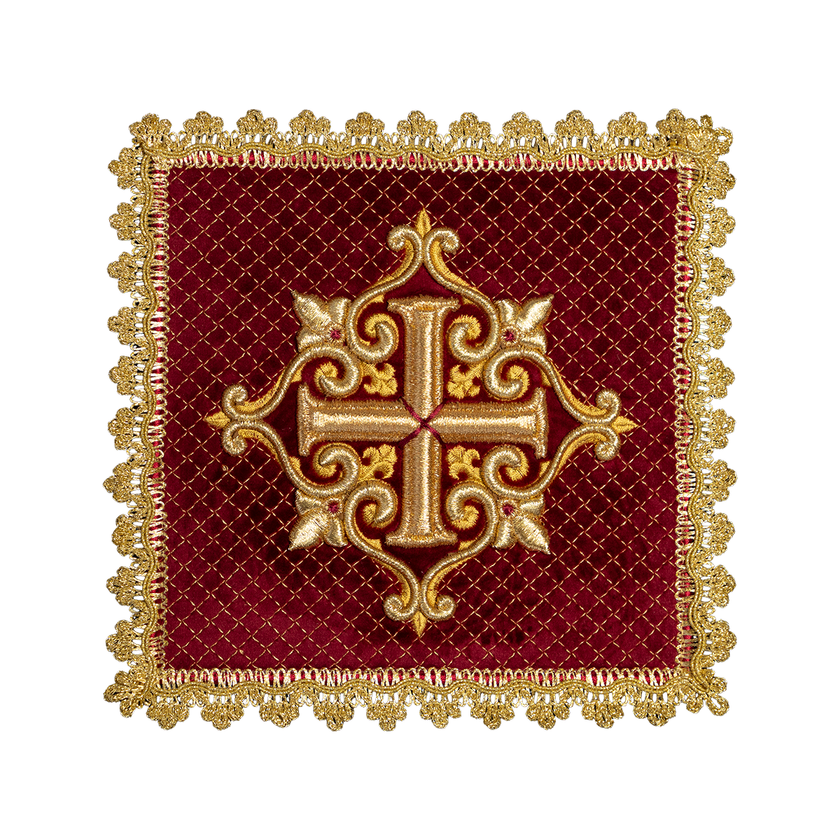 Altar linen set made of red velvet with gold cross embroidery