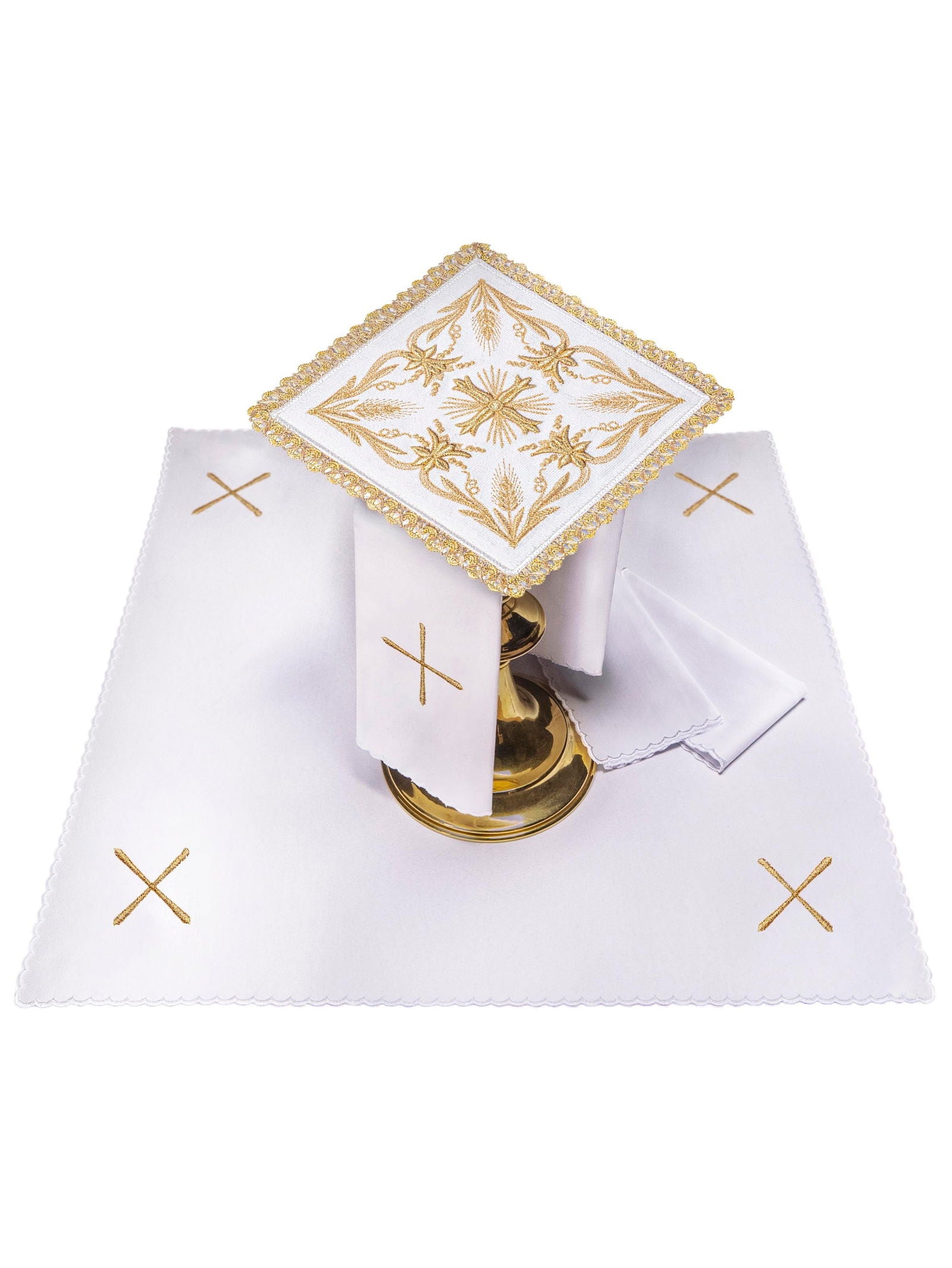 Chalice Linens set made of ecru velvet with gold cross - HAFTINAUSA.COM