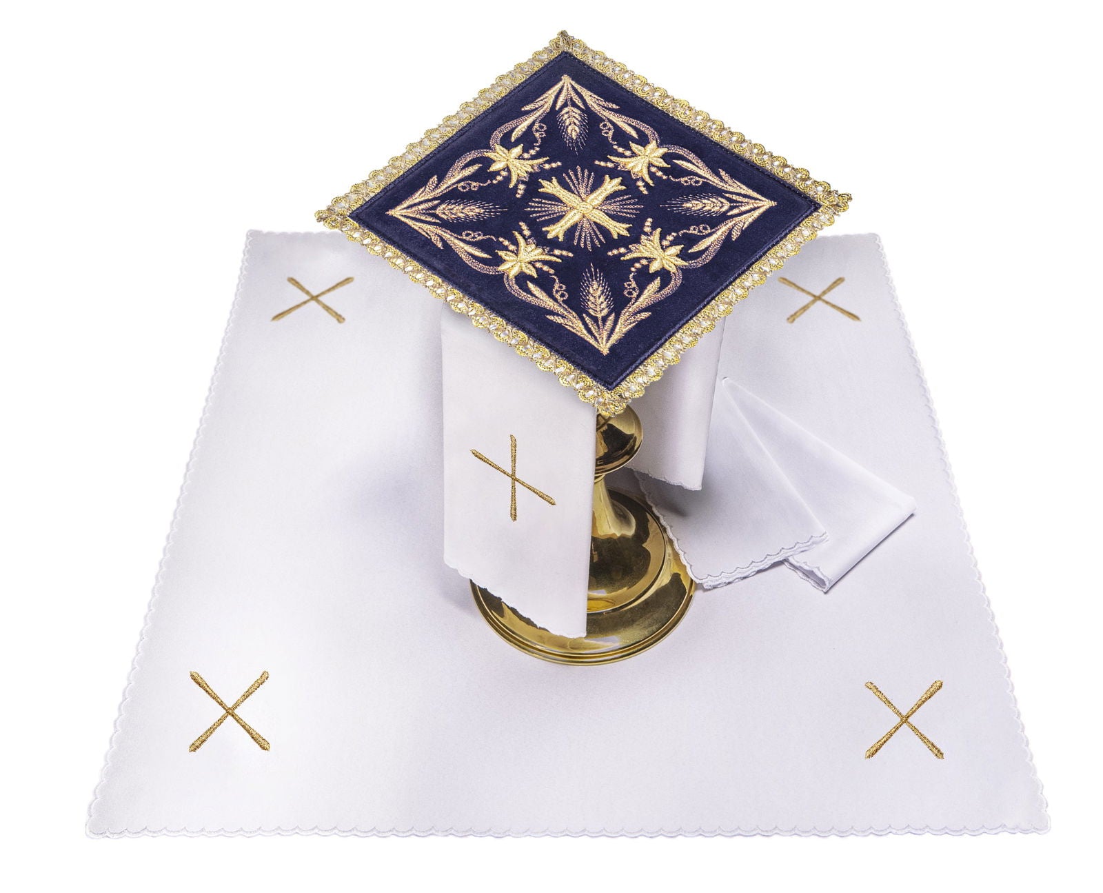 Velvet chalice linens set with gold cross embroidery - HAFTINAUSA.COM