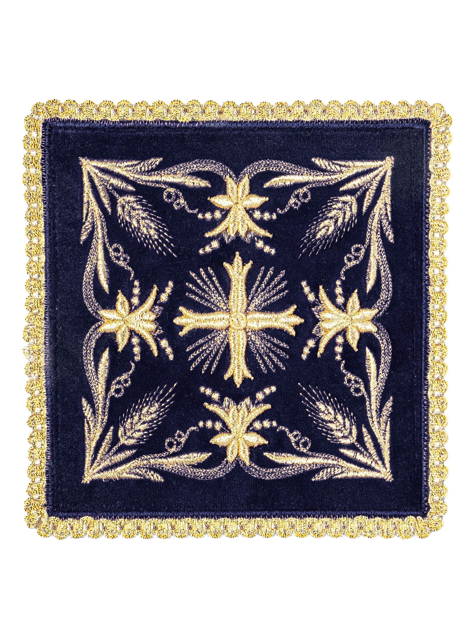 Velvet chalice linens set with gold cross embroidery