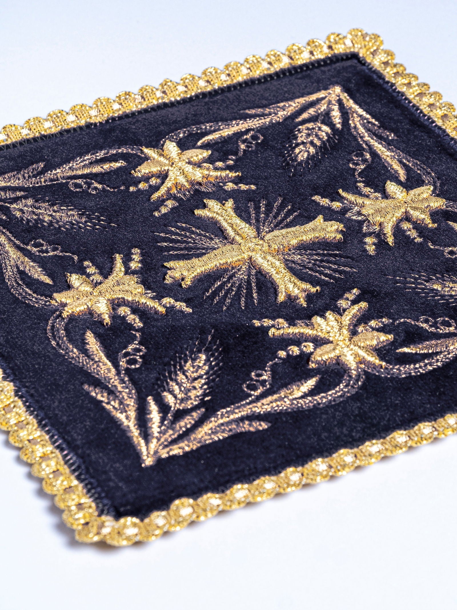 Velvet chalice linens set with gold cross embroidery