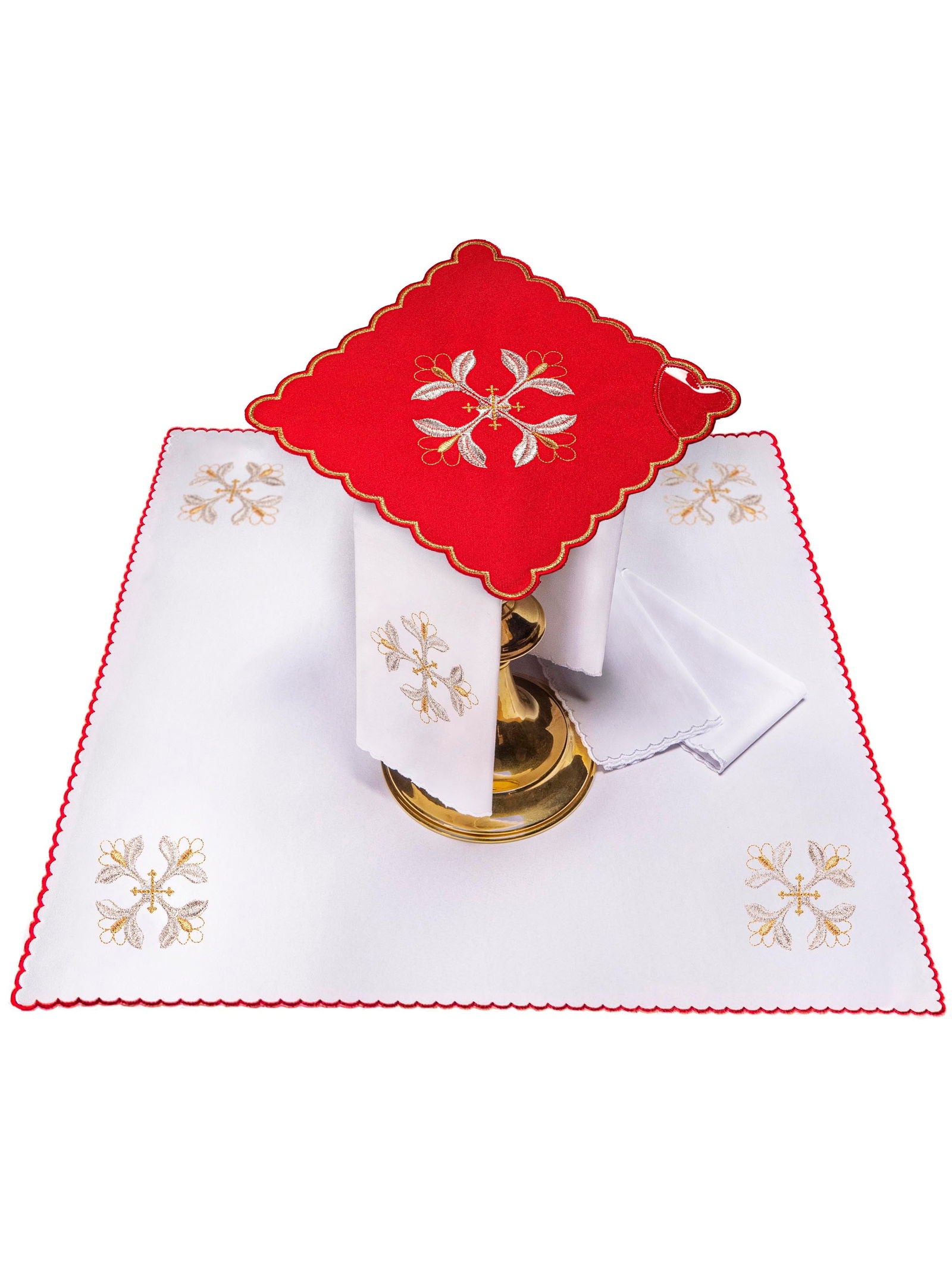 Chalice Linens with red Pall and gold and red embroidery - HAFTINAUSA.COM