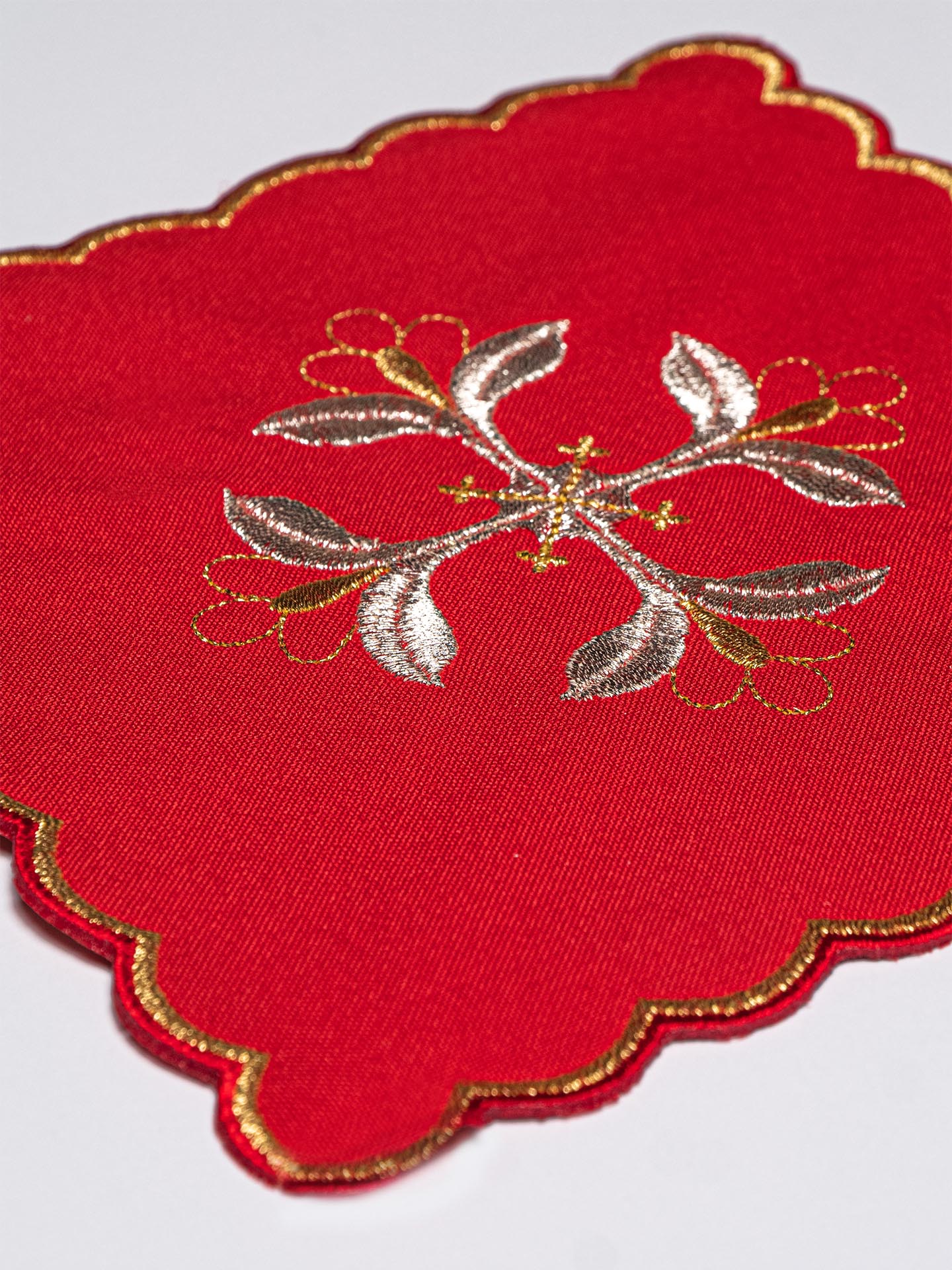 Chalice Linens with red Pall and gold and red embroidery