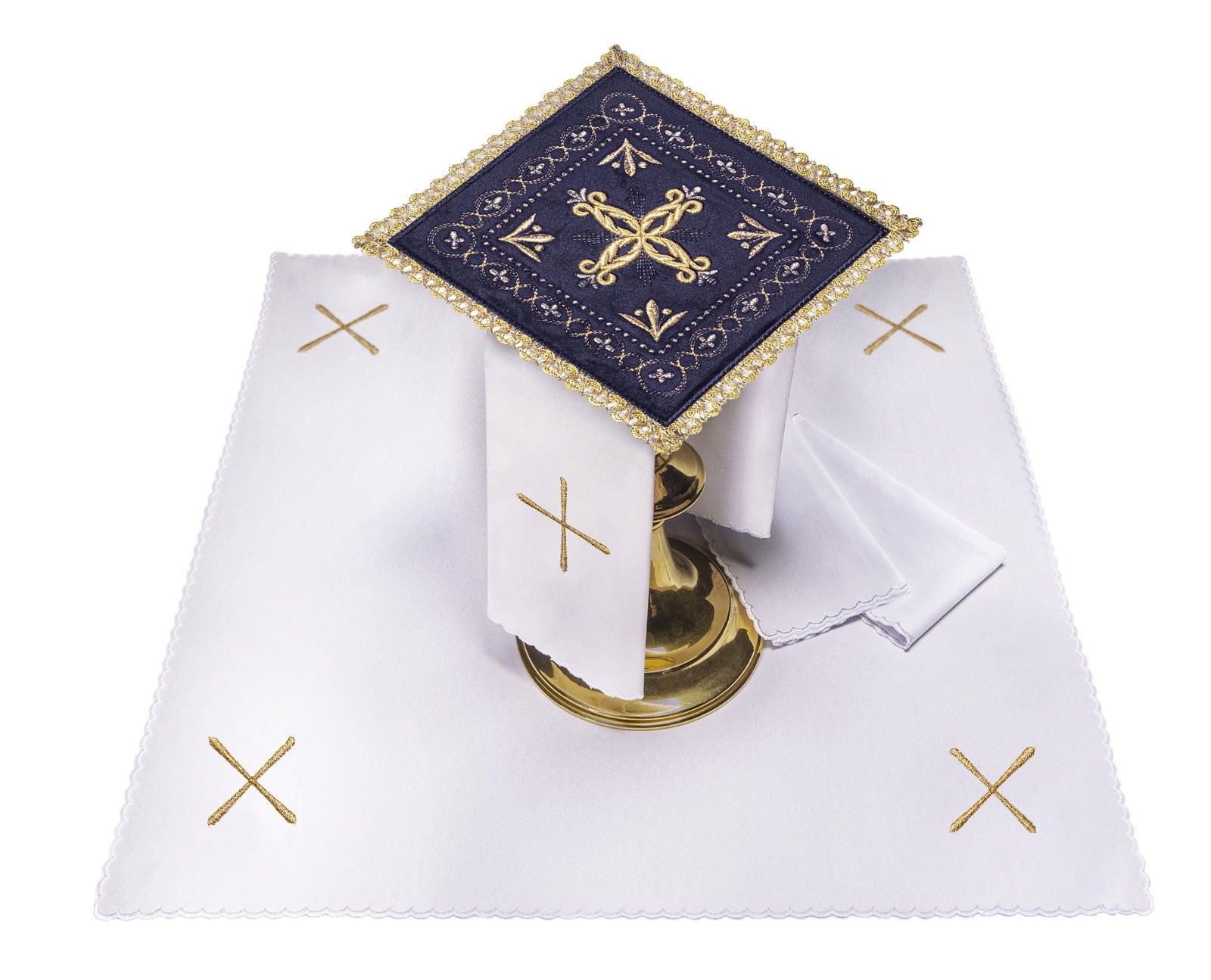 Chalice linens set made of purple velvet with golden cross