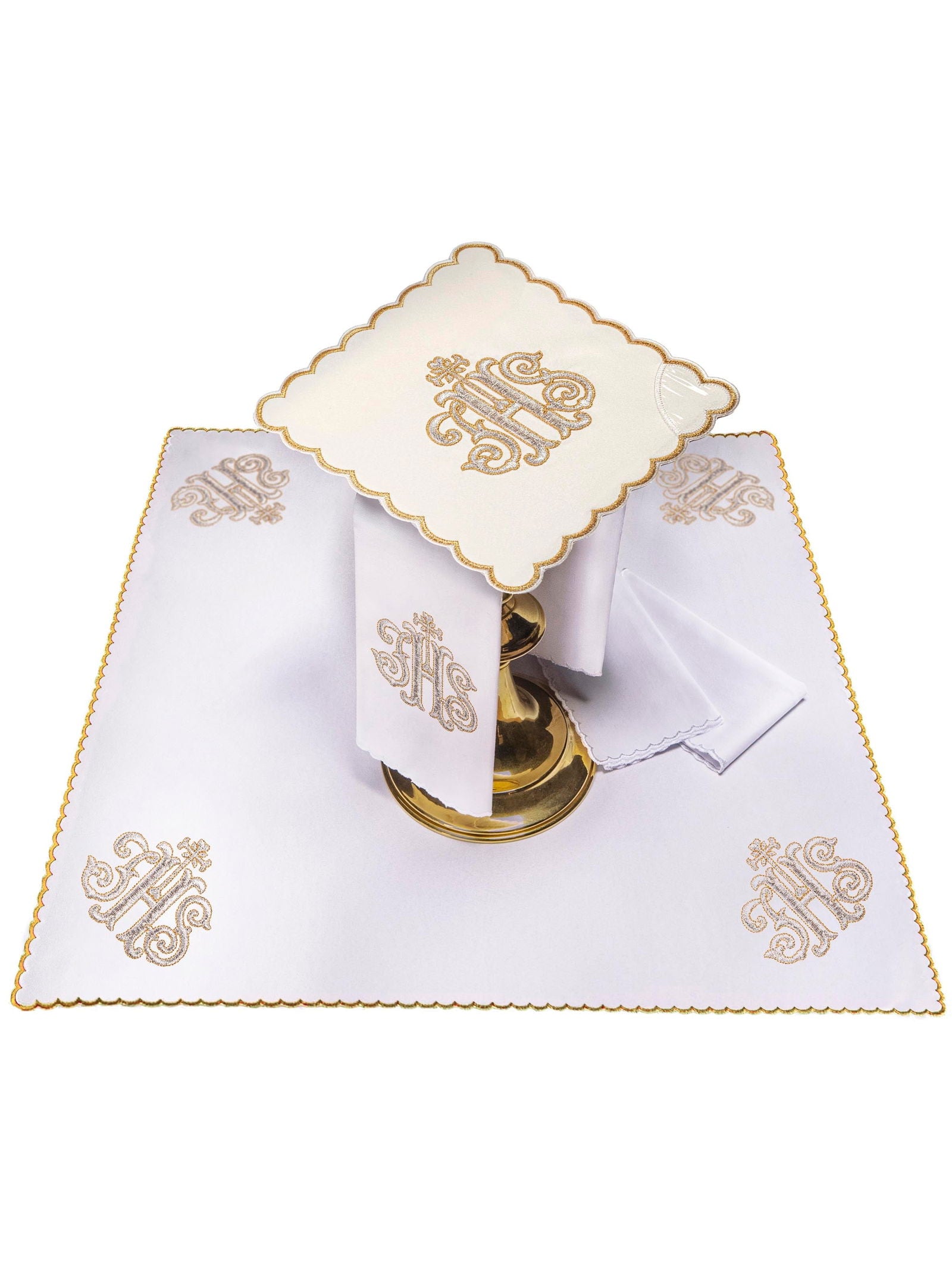 Cotton chalice linen set in ecru with gold JHS