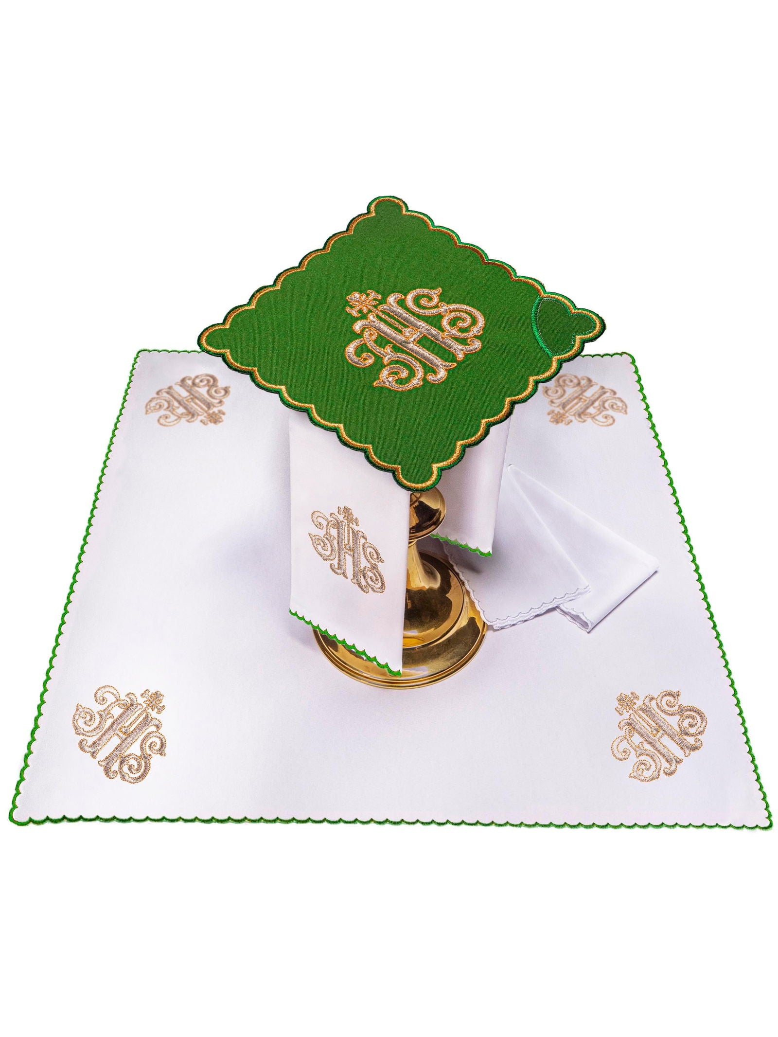 Chalice Linens Embroidered in Green with IHS - HAFTINAUSA.COM