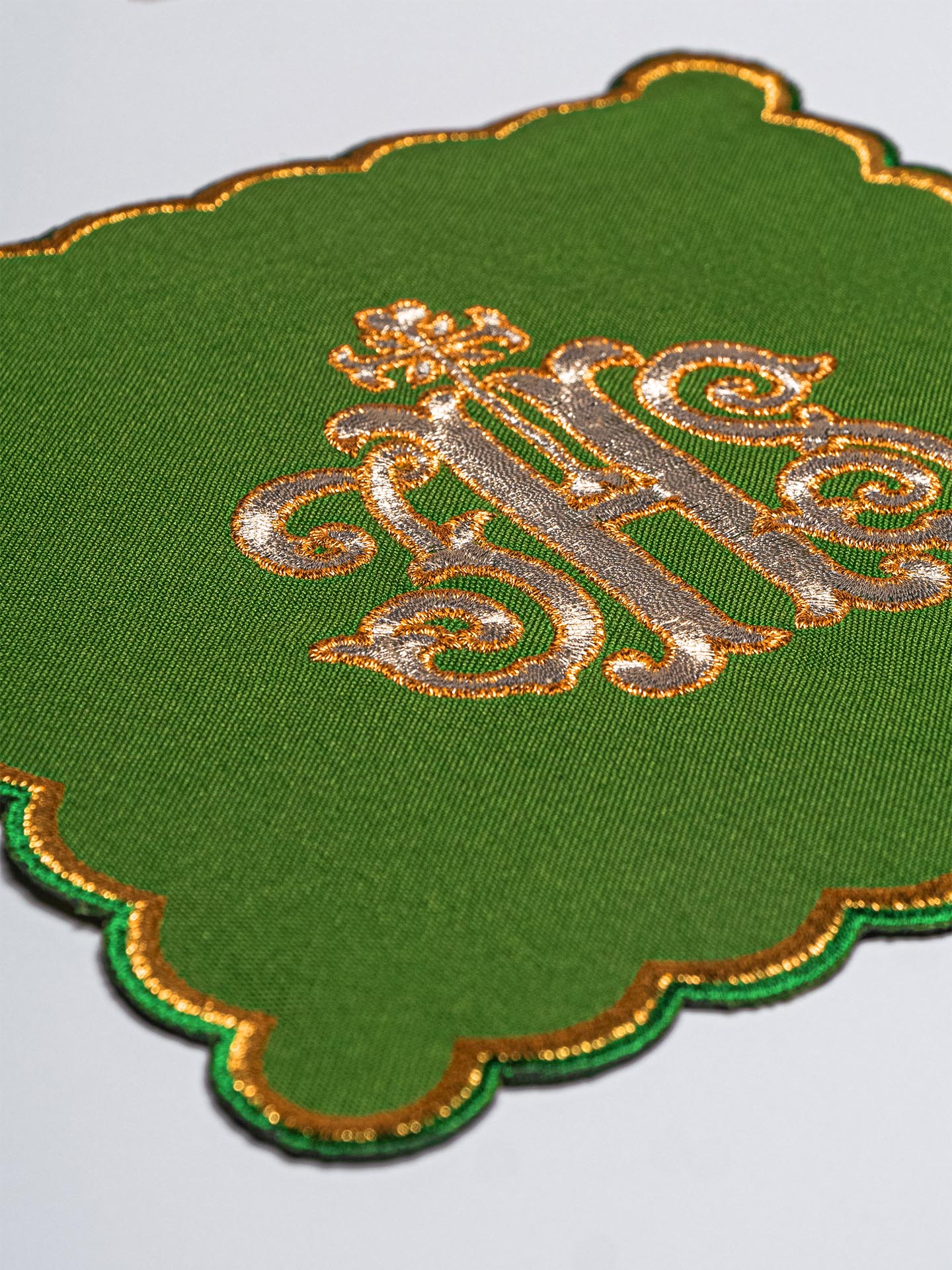 Chalice Linens Embroidered in Green with IHS