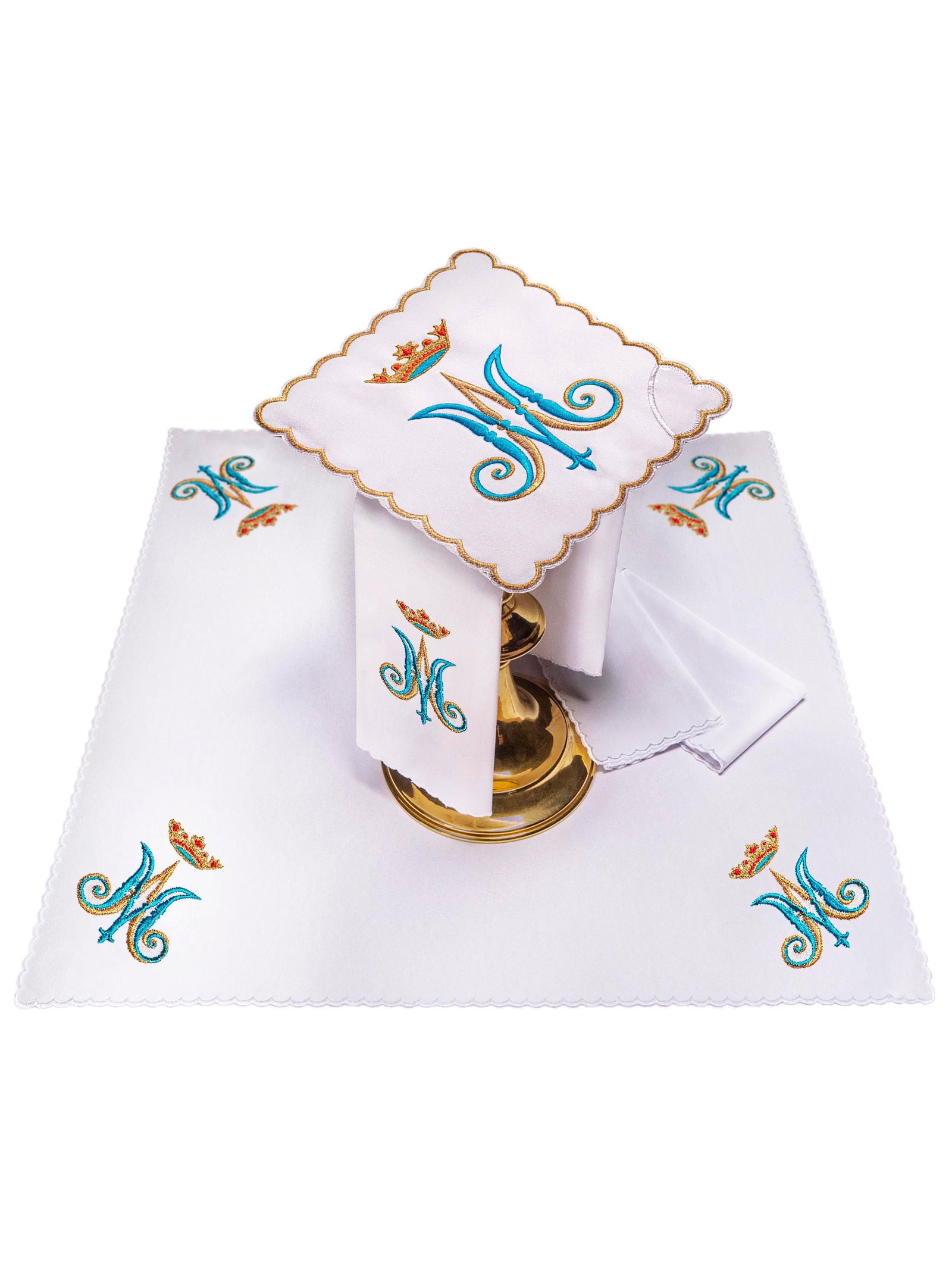 Chalice Linens Embroidered with blue and gold Marian Motif